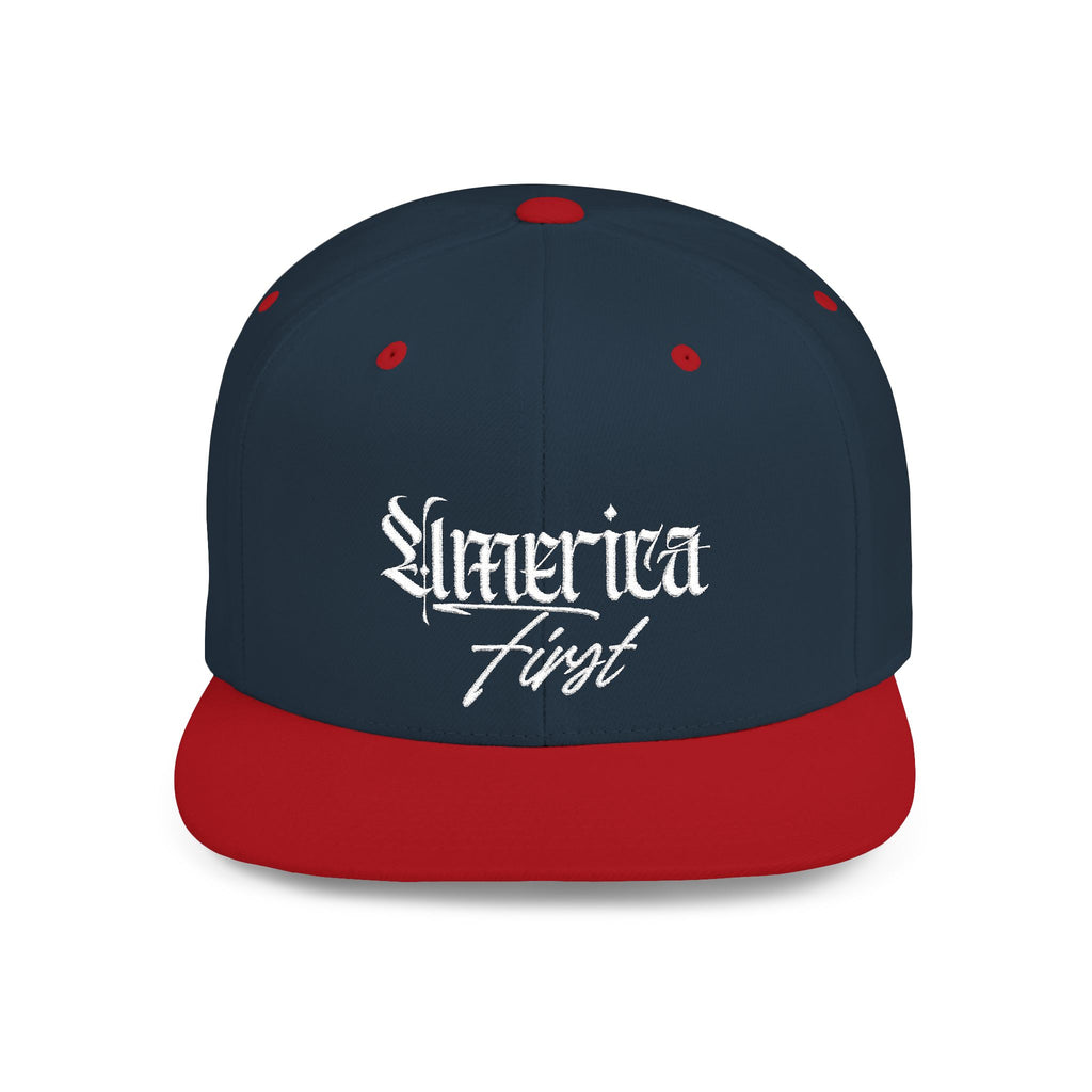 "America First" Gothic Script Flat Bill Cap White Lettering — Snapback Hat
