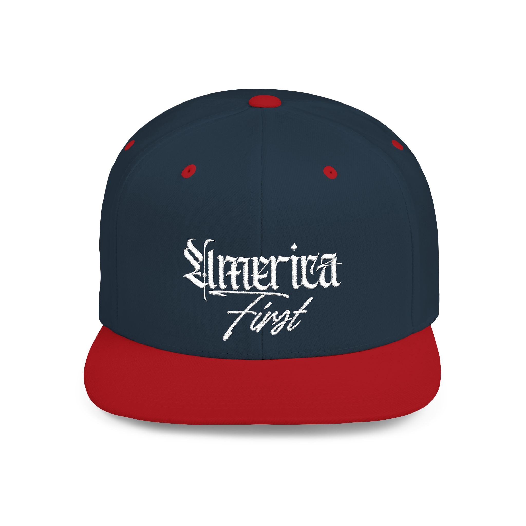 "America First" Gothic Script Flat Bill Cap White Lettering — Snapback Hat