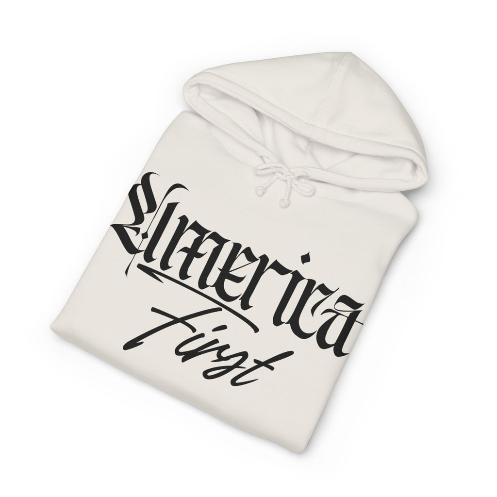 "America First" Heavyweight Hoodie — Patriotic Script Pullover