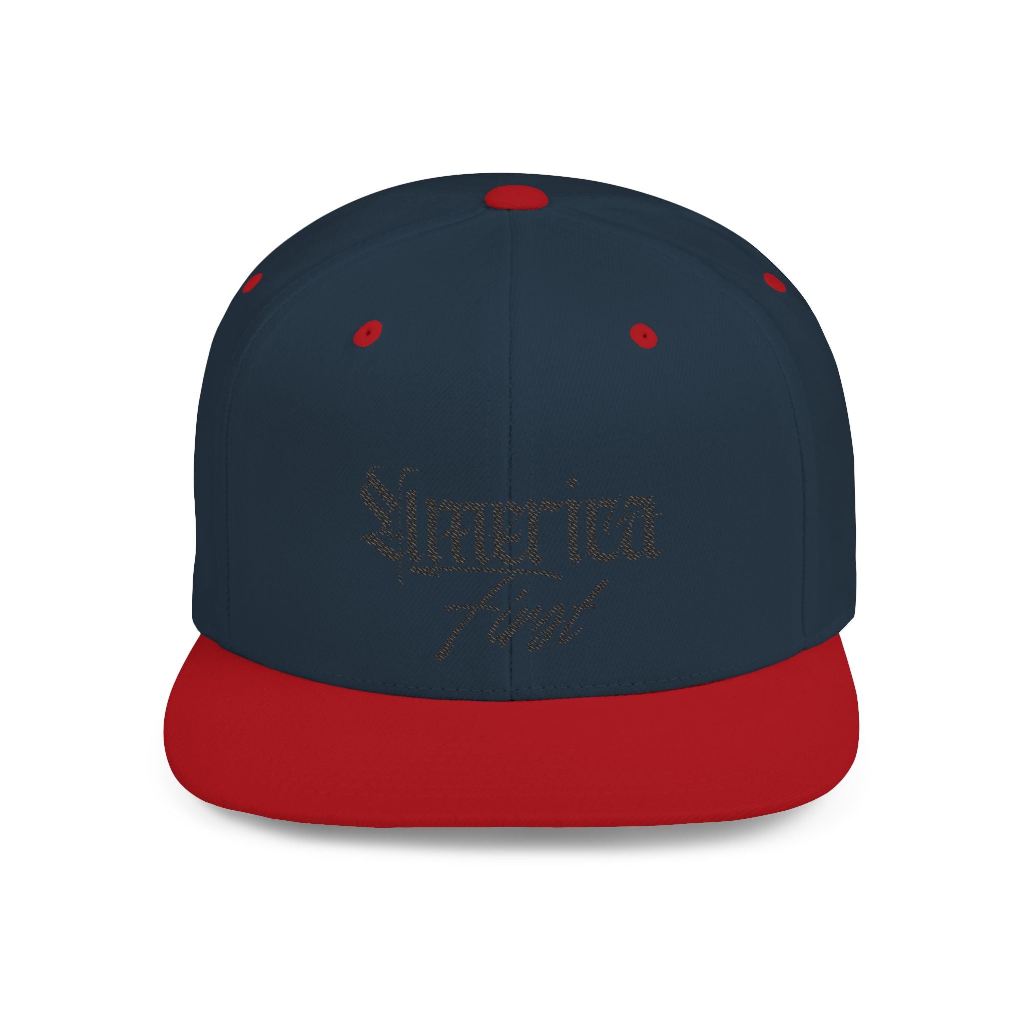 "America First" Gothic Script Flat Bill Cap Black Lettering — Snapback Hat