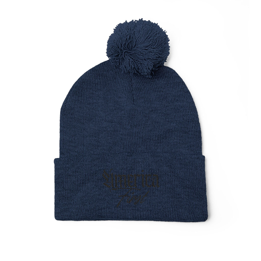 "America First" Cuffed Beanie— Embroidered Pom-Pom Knit Cap