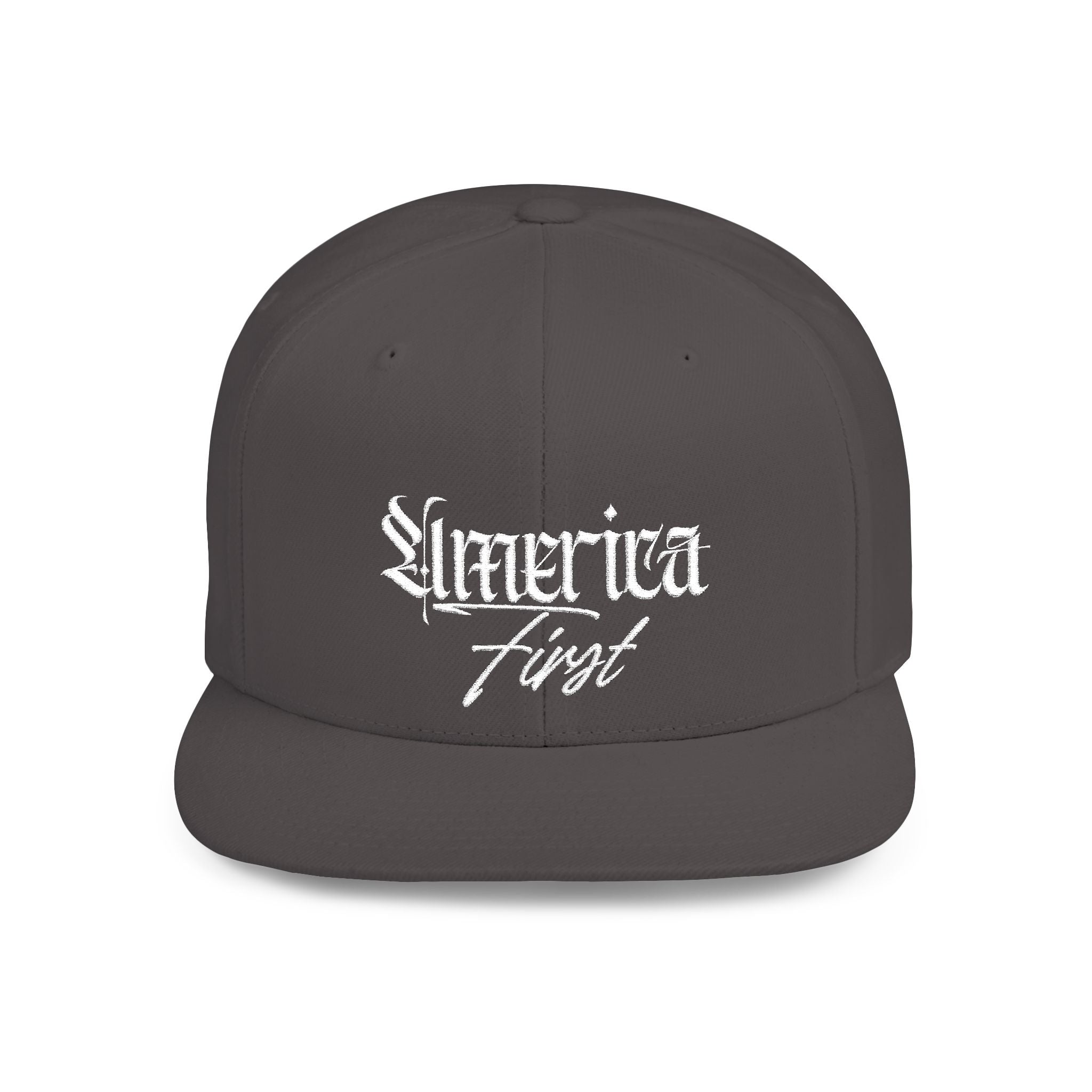 "America First" Gothic Script Flat Bill Cap White Lettering — Snapback Hat