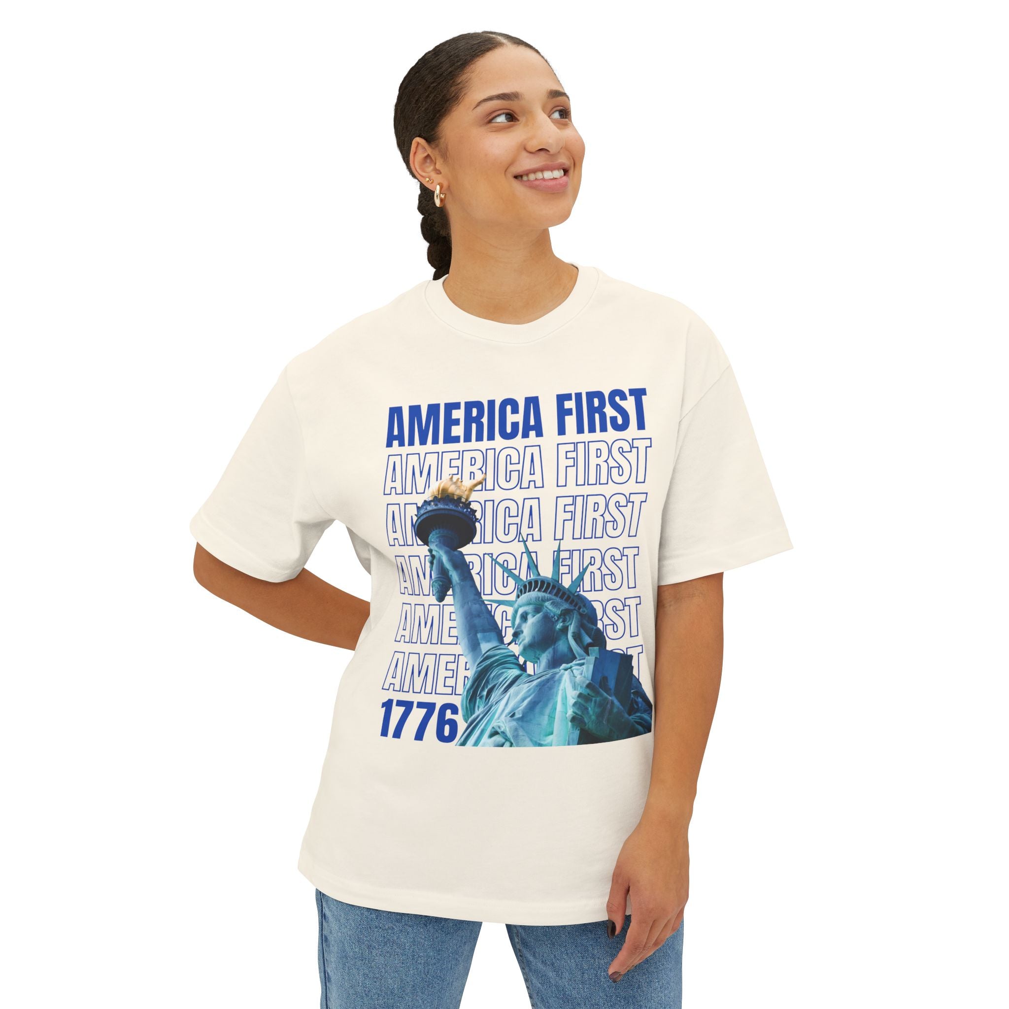 "America First" Statue of Liberty —Unisex Oversized Boxy Tee