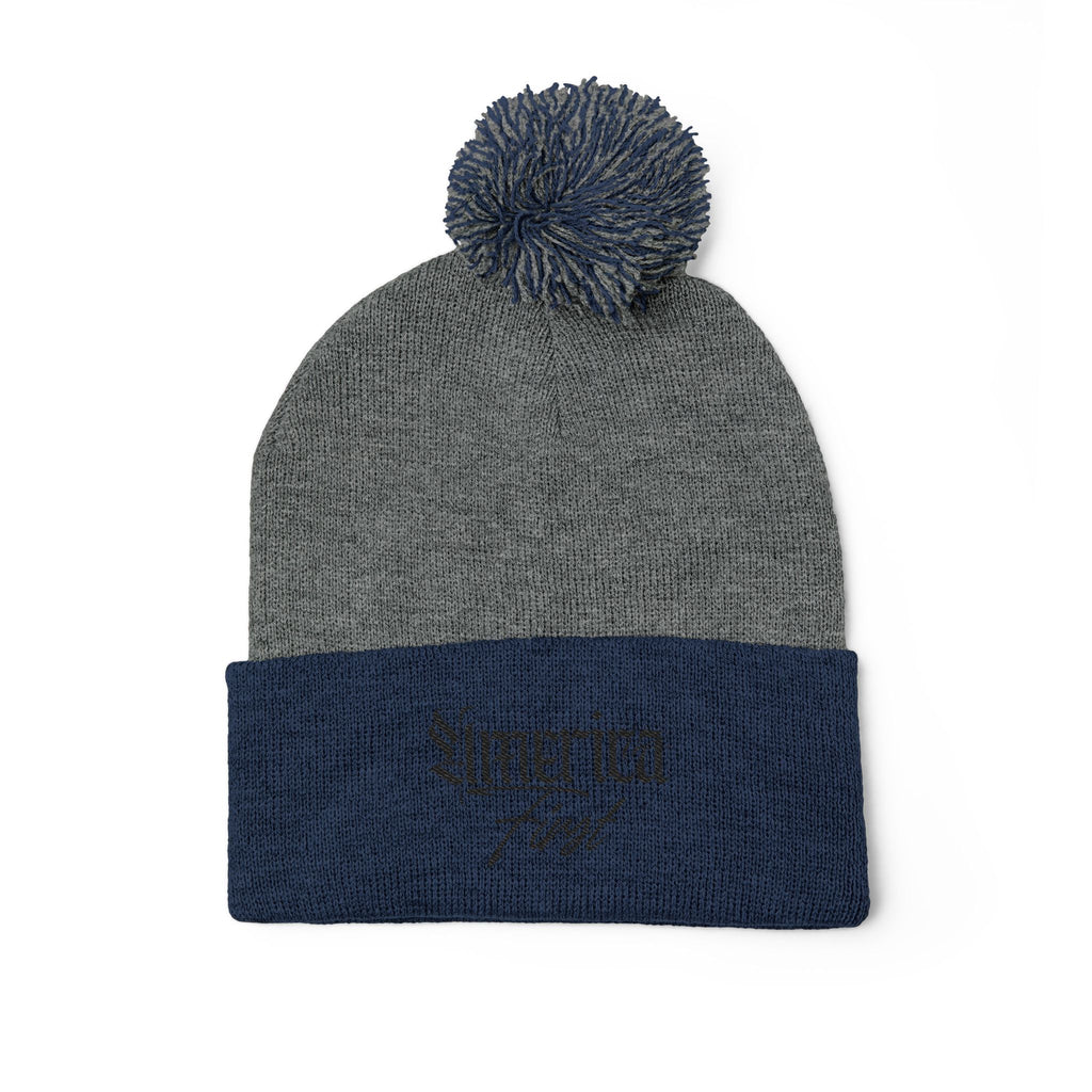 "America First" Cuffed Beanie— Embroidered Pom-Pom Knit Cap