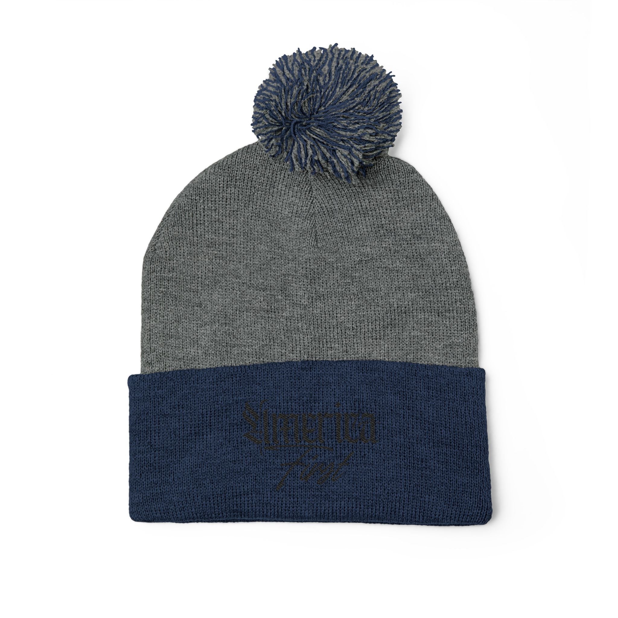 "America First" Cuffed Beanie— Embroidered Pom-Pom Knit Cap