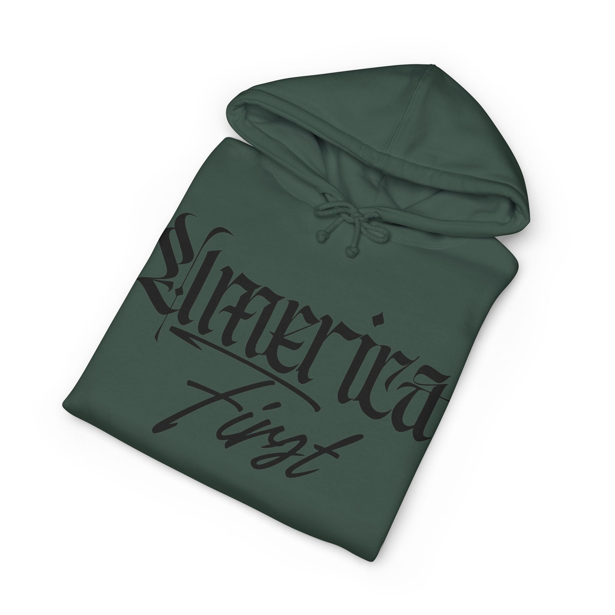 "America First" Heavyweight Hoodie — Patriotic Script Pullover