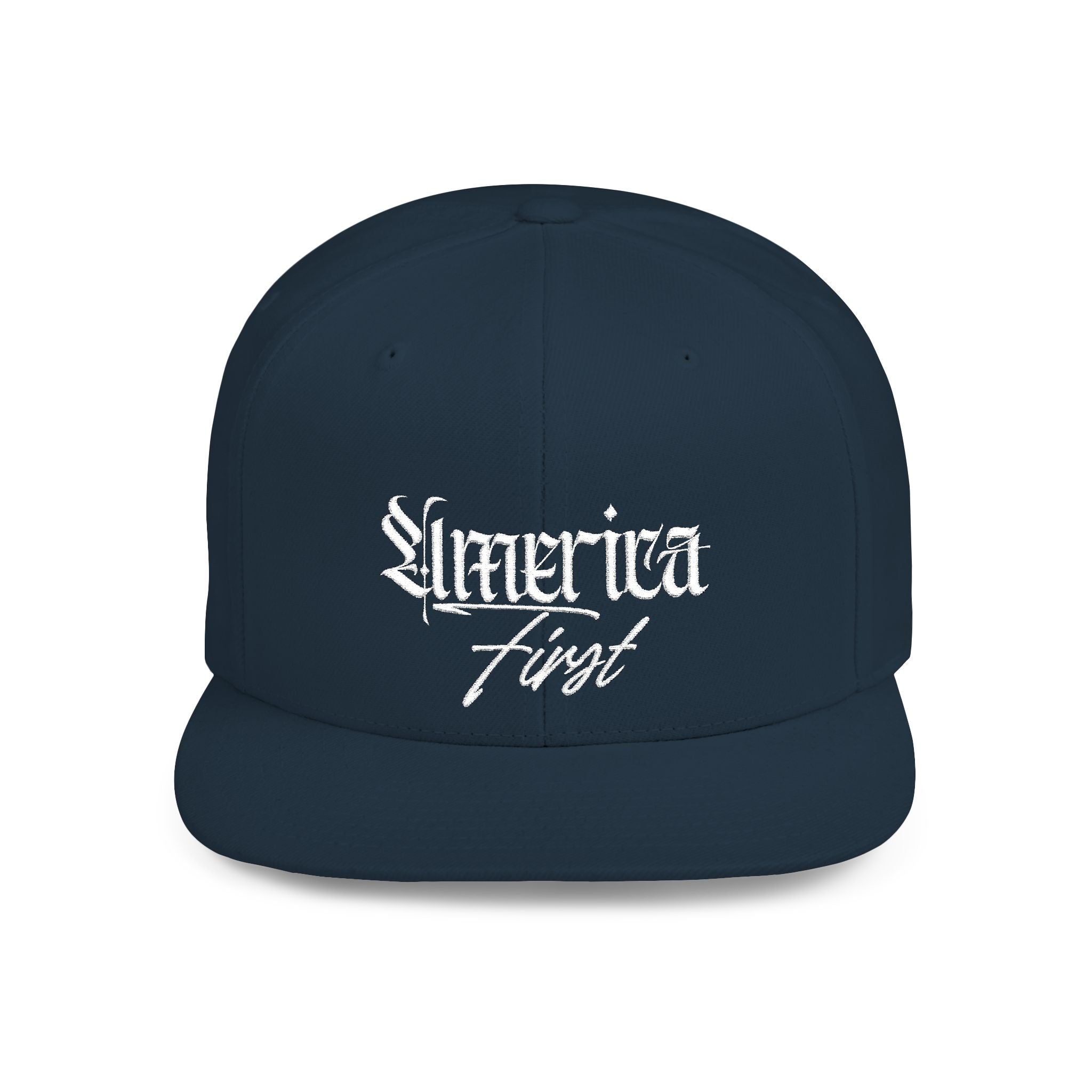 "America First" Gothic Script Flat Bill Cap White Lettering — Snapback Hat