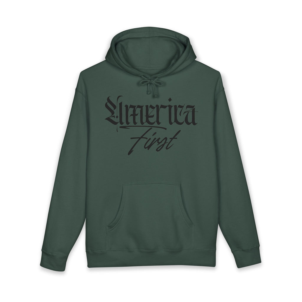 "America First" Heavyweight Hoodie — Patriotic Script Pullover