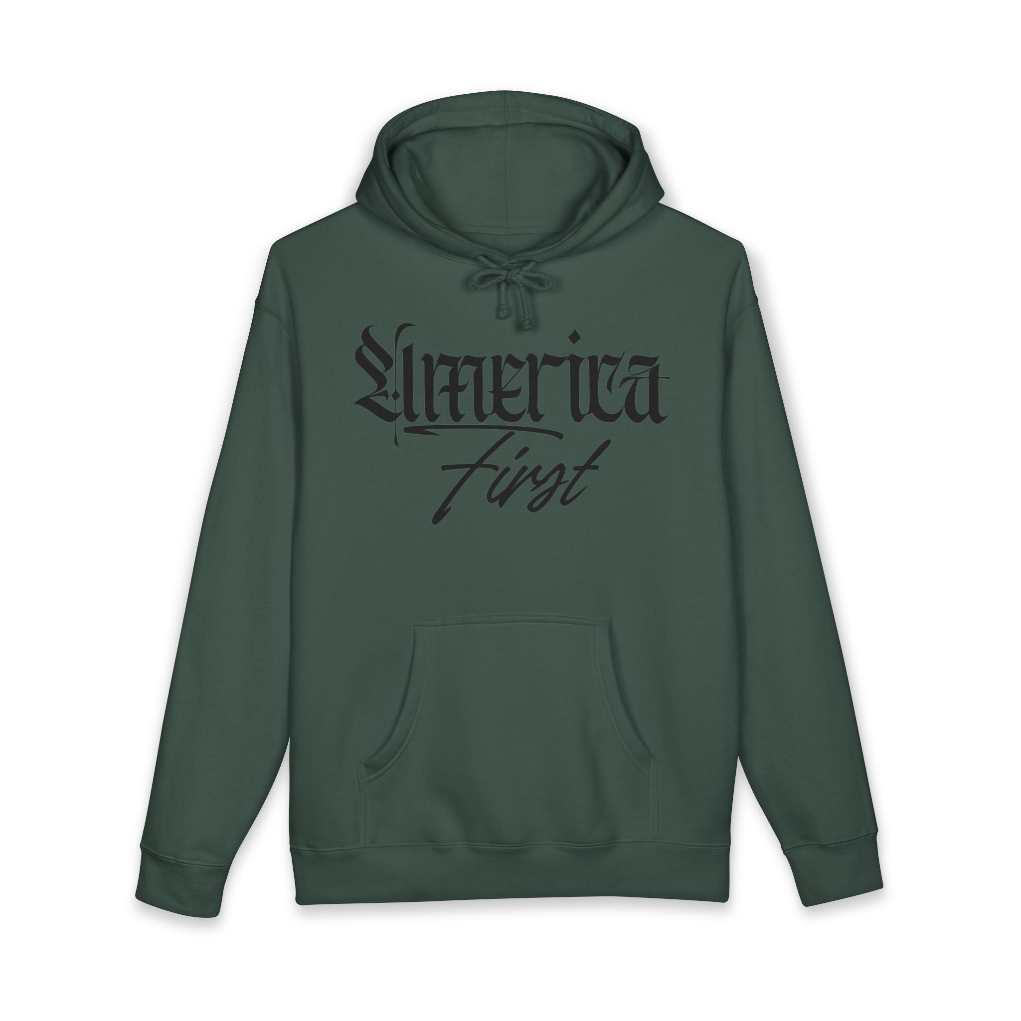 "America First" Heavyweight Hoodie — Patriotic Script Pullover