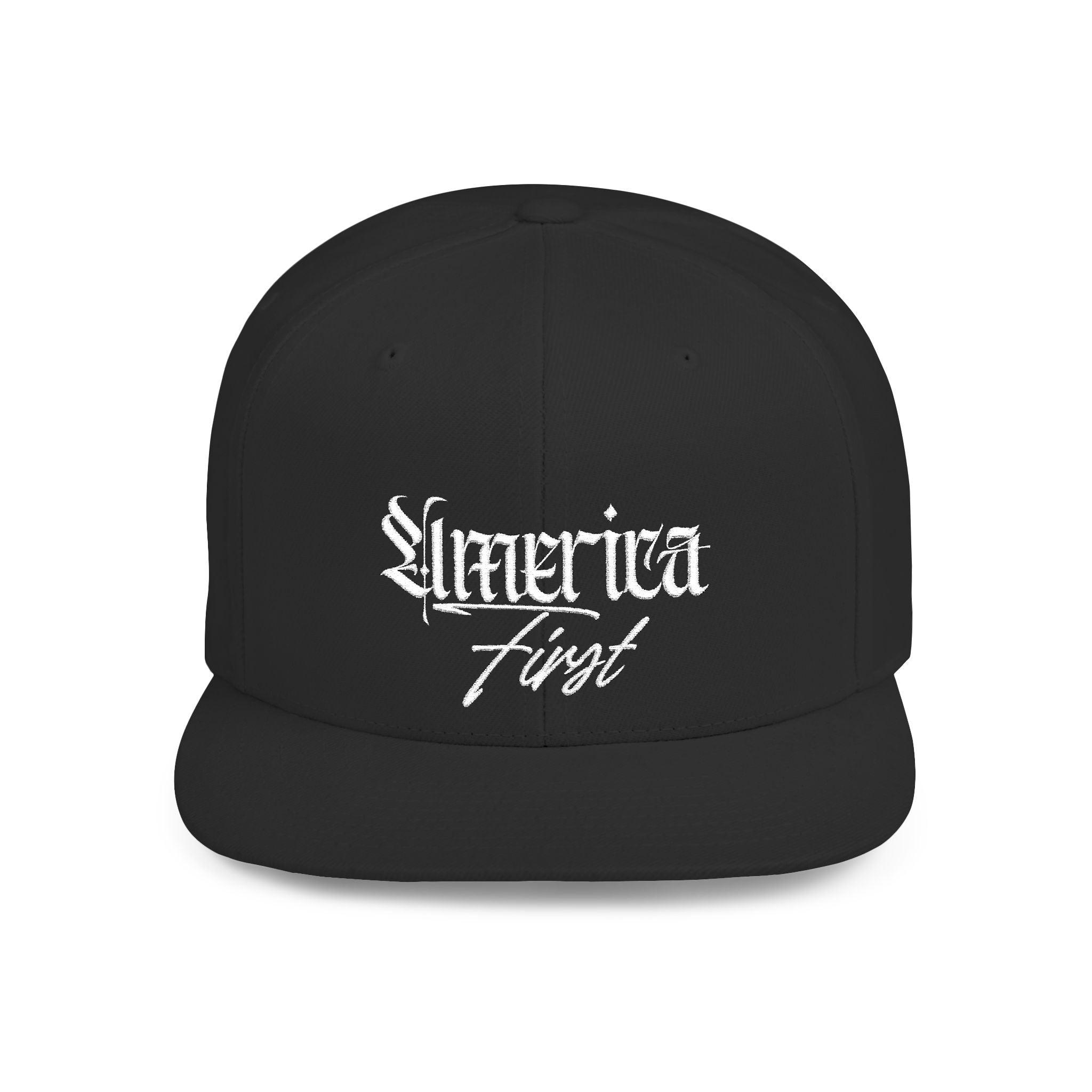 "America First" Gothic Script Flat Bill Cap White Lettering — Snapback Hat