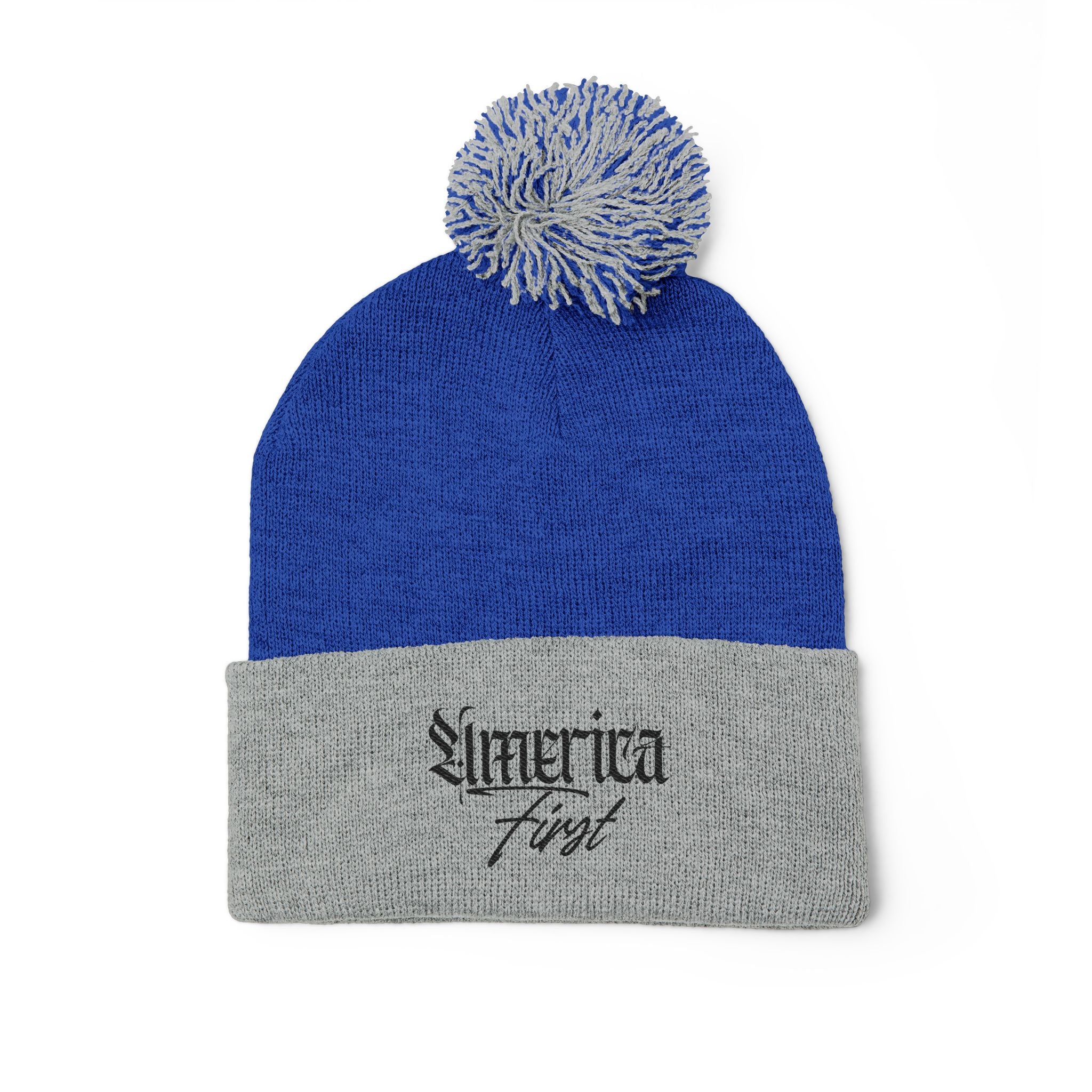 "America First" Cuffed Beanie— Embroidered Pom-Pom Knit Cap