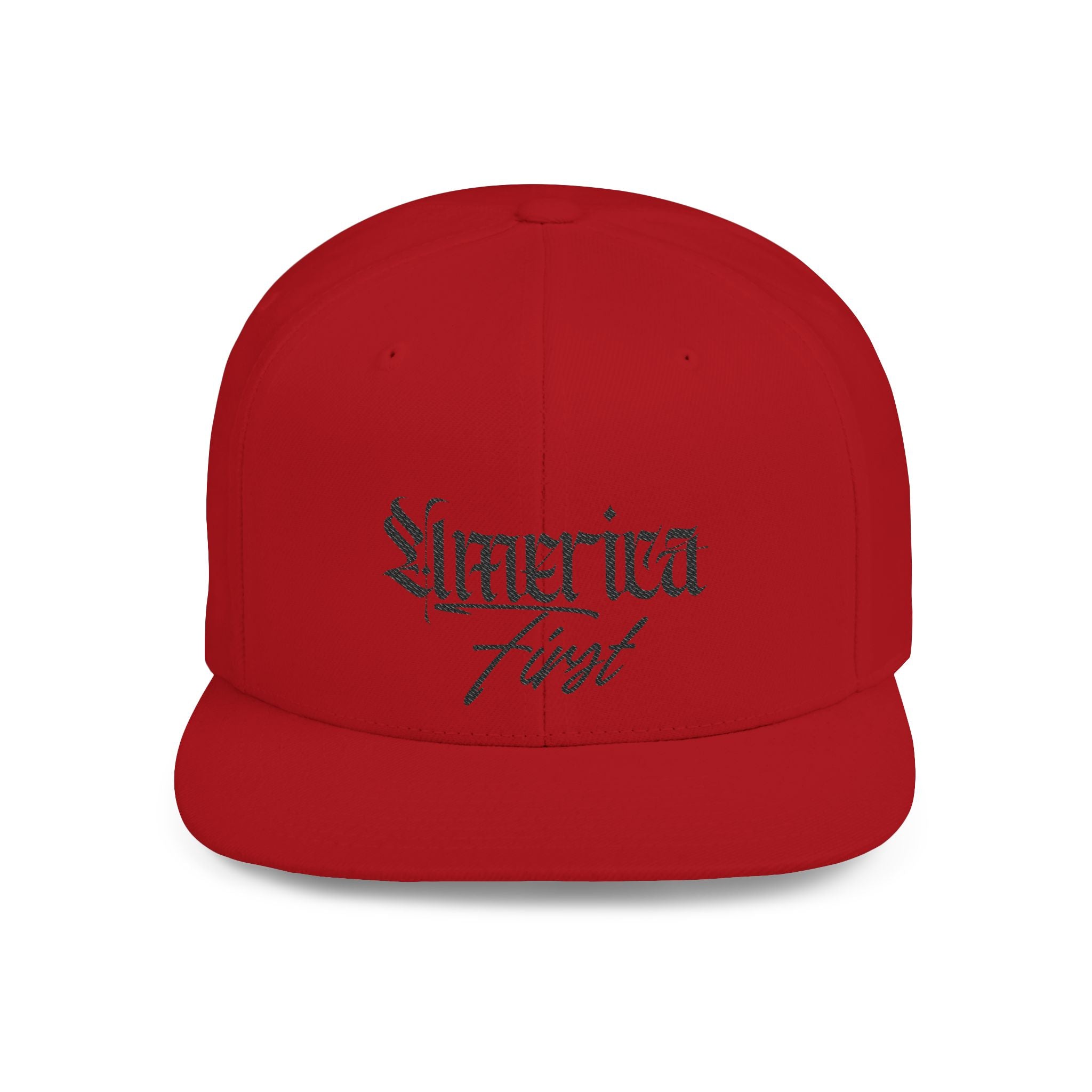"America First" Gothic Script Flat Bill Cap Black Lettering — Snapback Hat