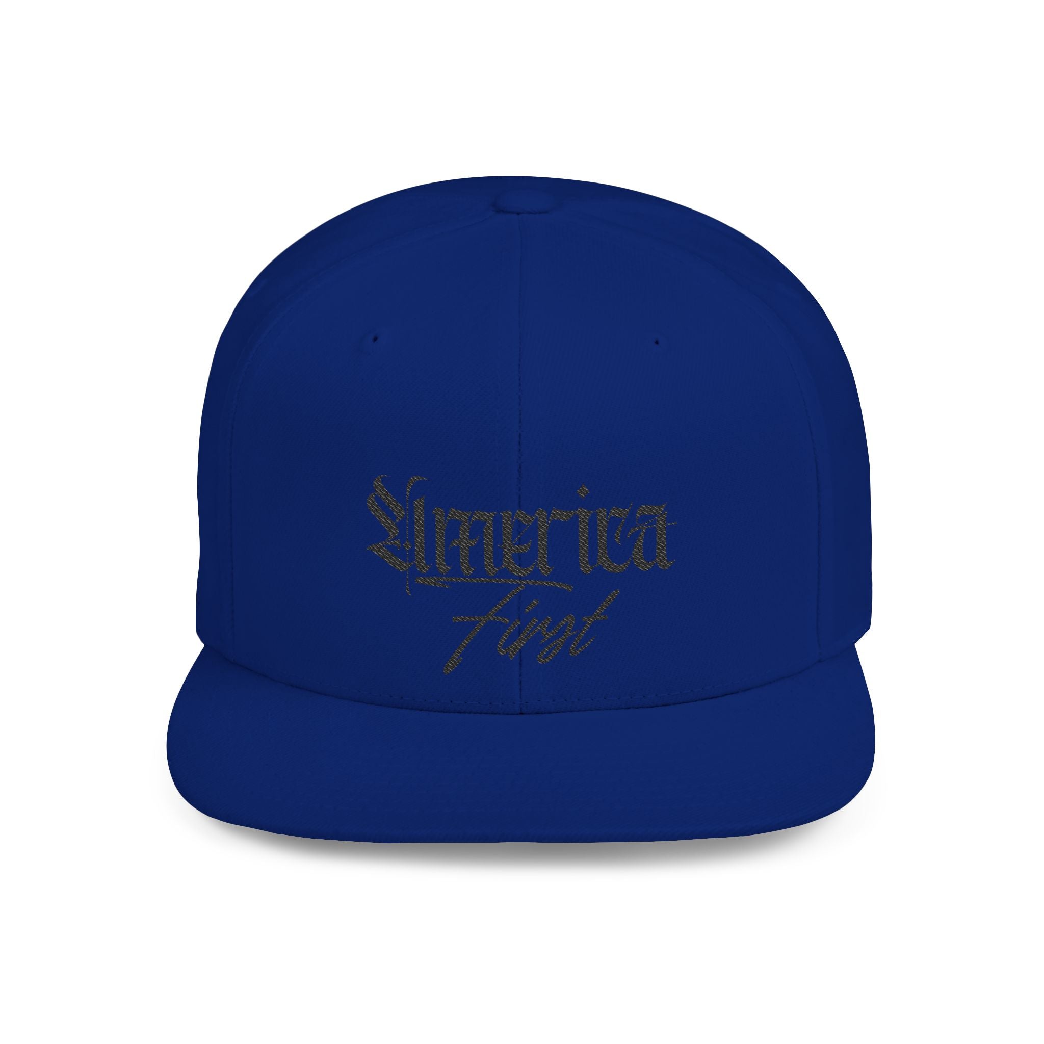 "America First" Gothic Script Flat Bill Cap Black Lettering — Snapback Hat