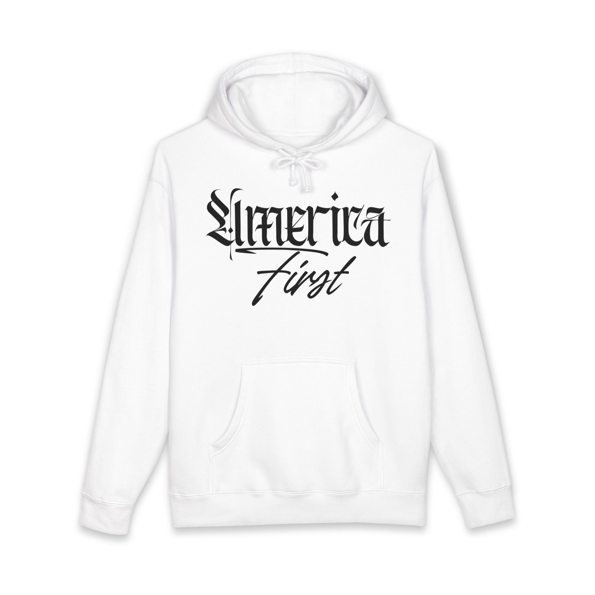 "America First" Heavyweight Hoodie — Patriotic Script Pullover