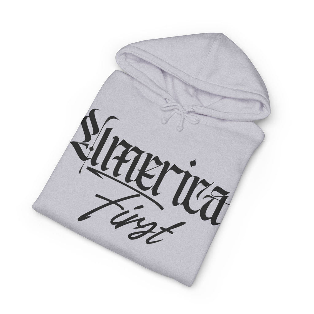 "America First" Heavyweight Hoodie — Patriotic Script Pullover