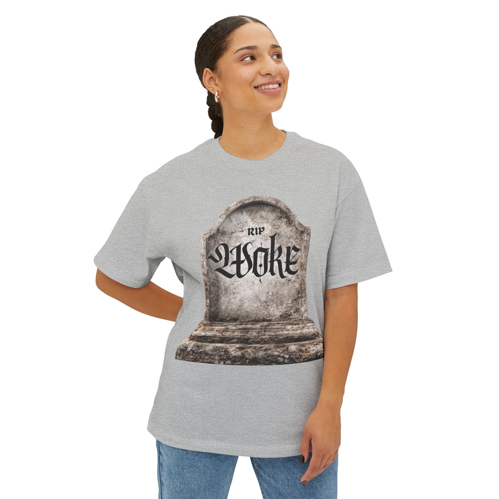 "RIP Woke" Tombstone Tee — Unisex Oversized Boxy Fit