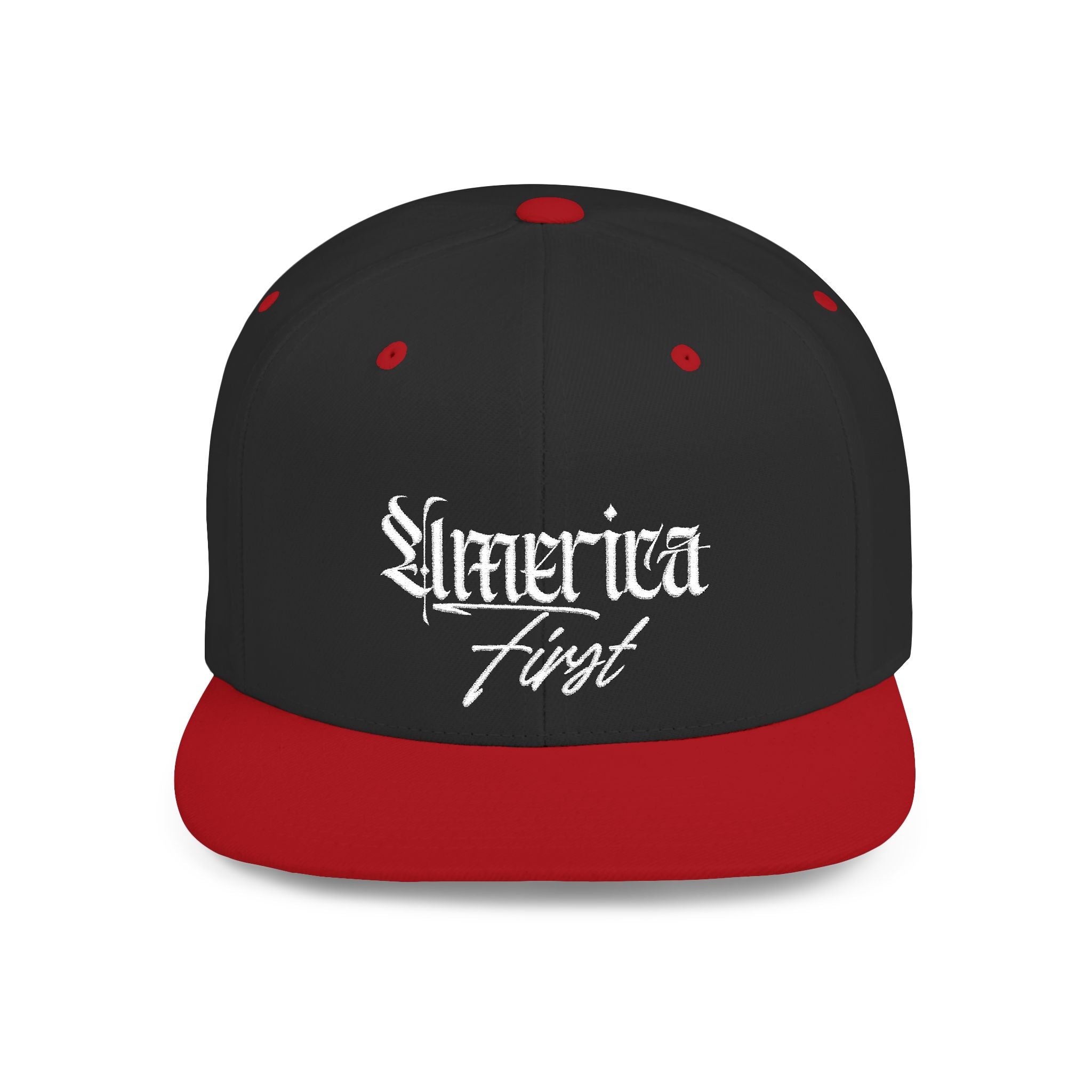 "America First" Gothic Script Flat Bill Cap White Lettering — Snapback Hat