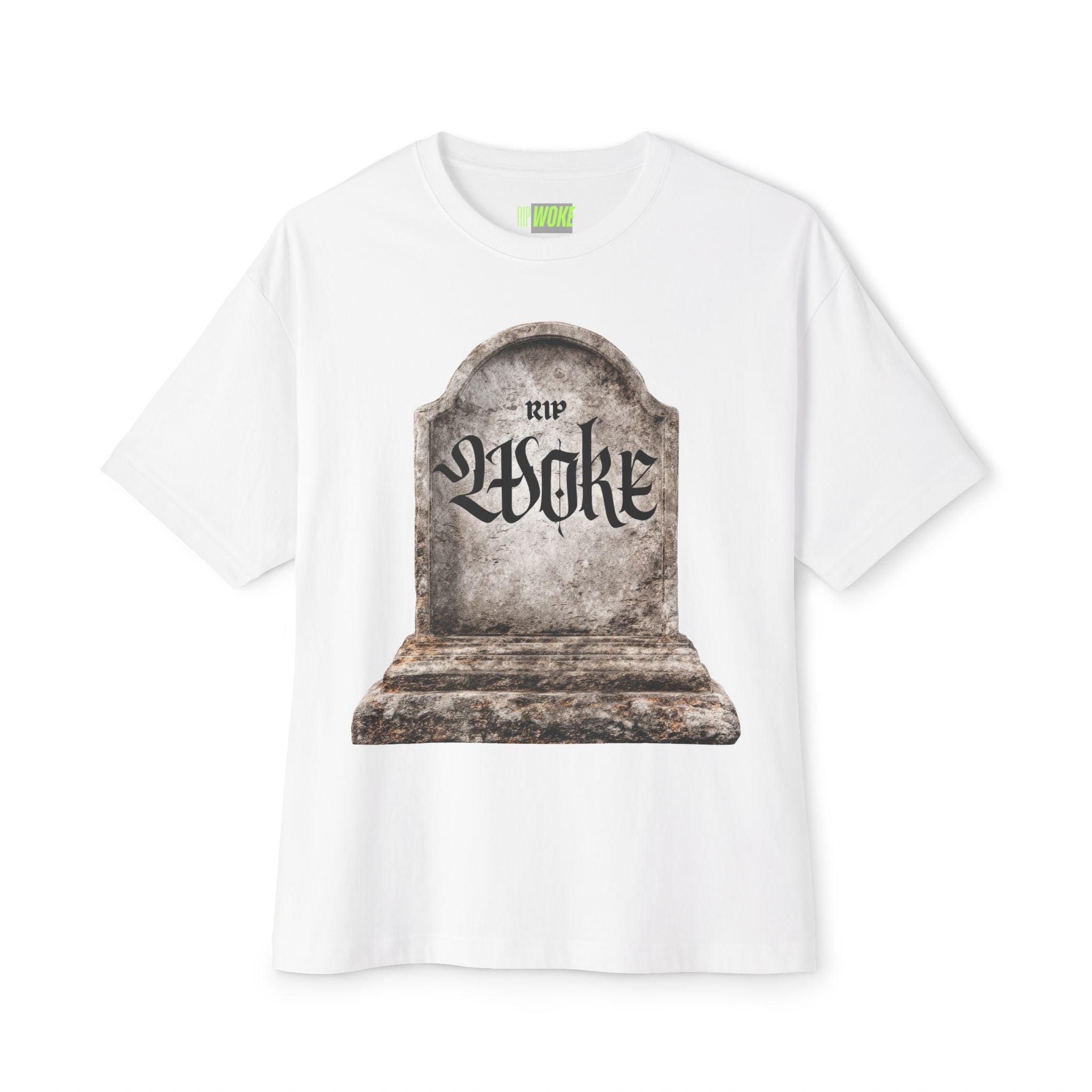 "RIP Woke" Tombstone Tee — Unisex Oversized Boxy Fit