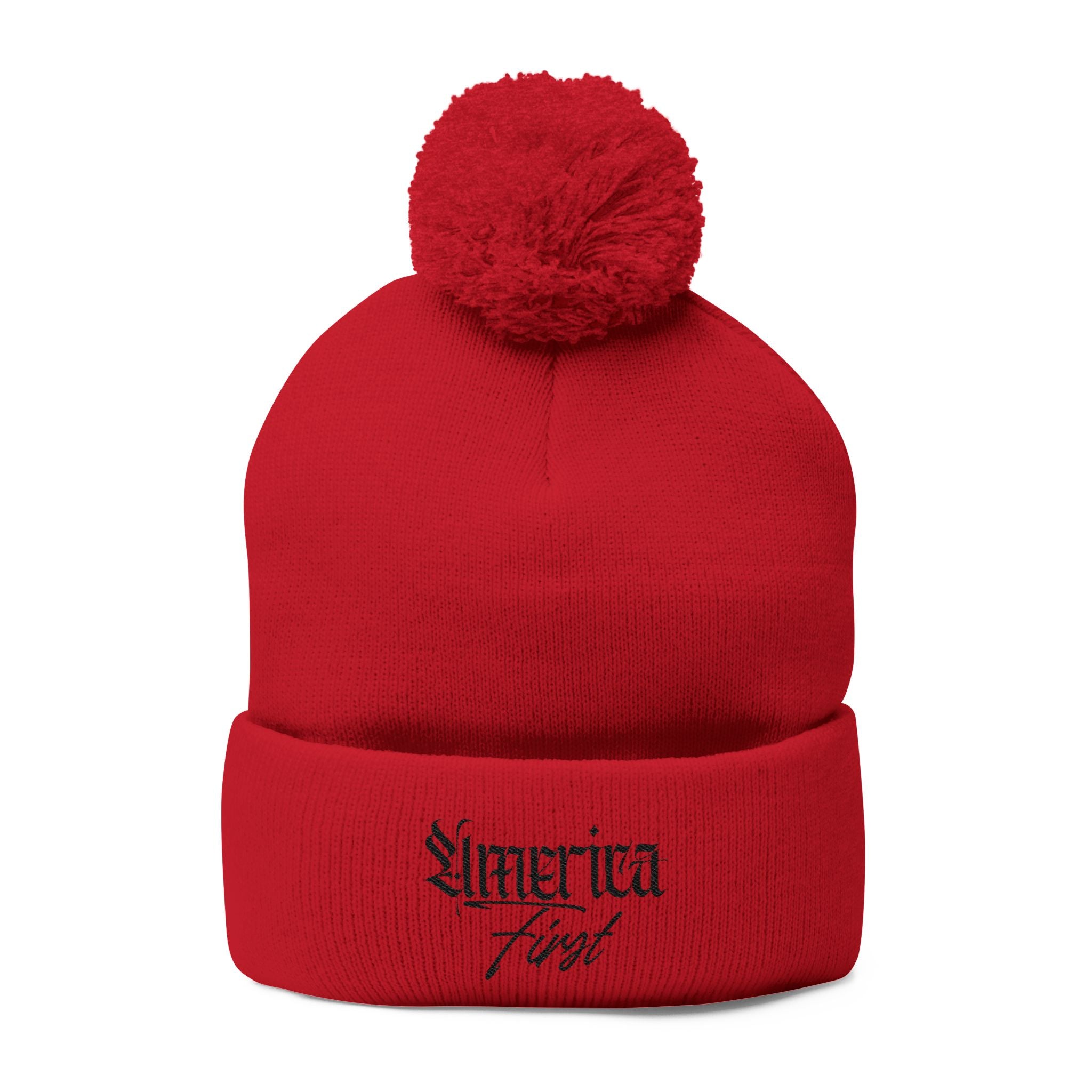"America First" Cuffed Beanie— Embroidered Pom-Pom Knit Cap
