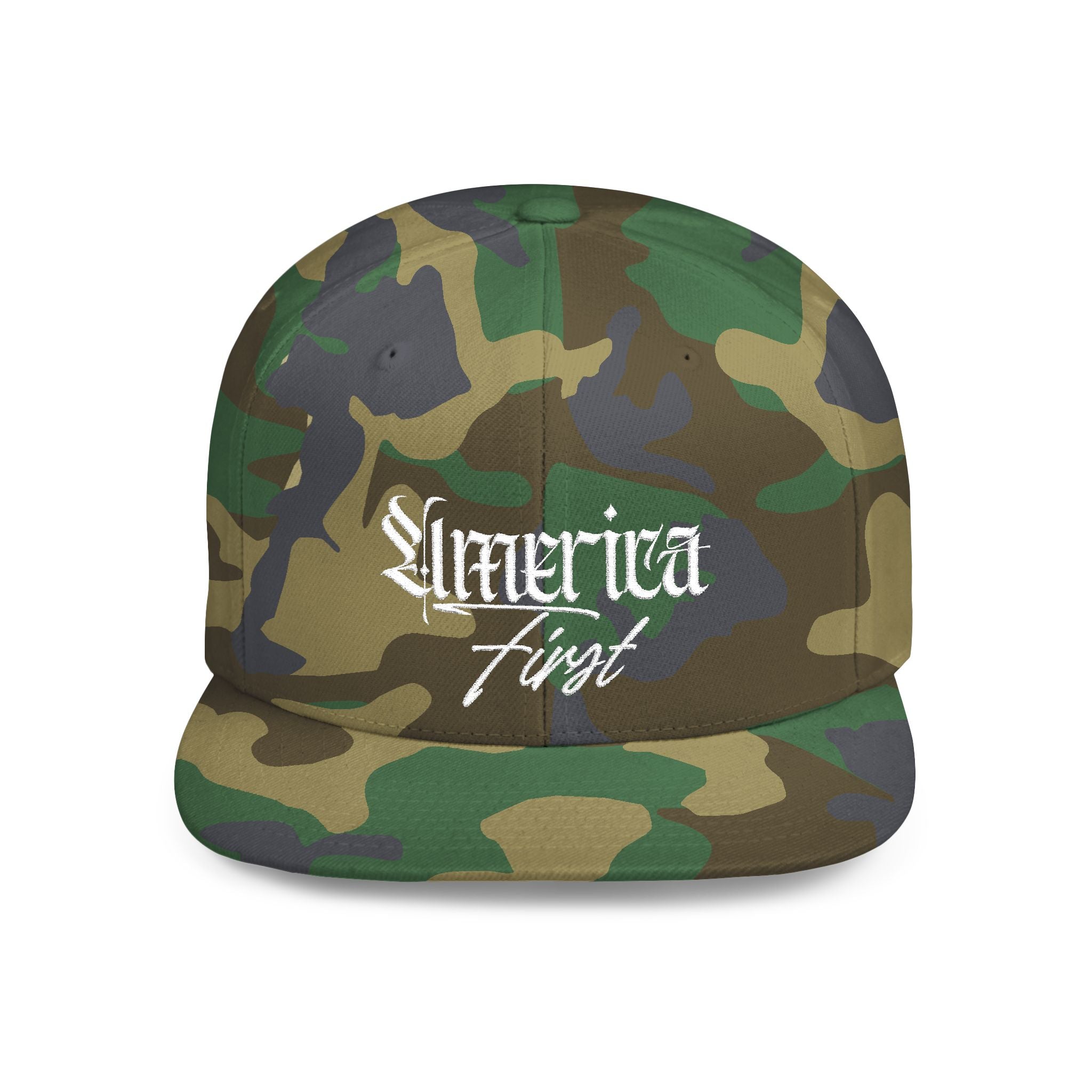 "America First" Gothic Script Flat Bill Cap White Lettering — Snapback Hat