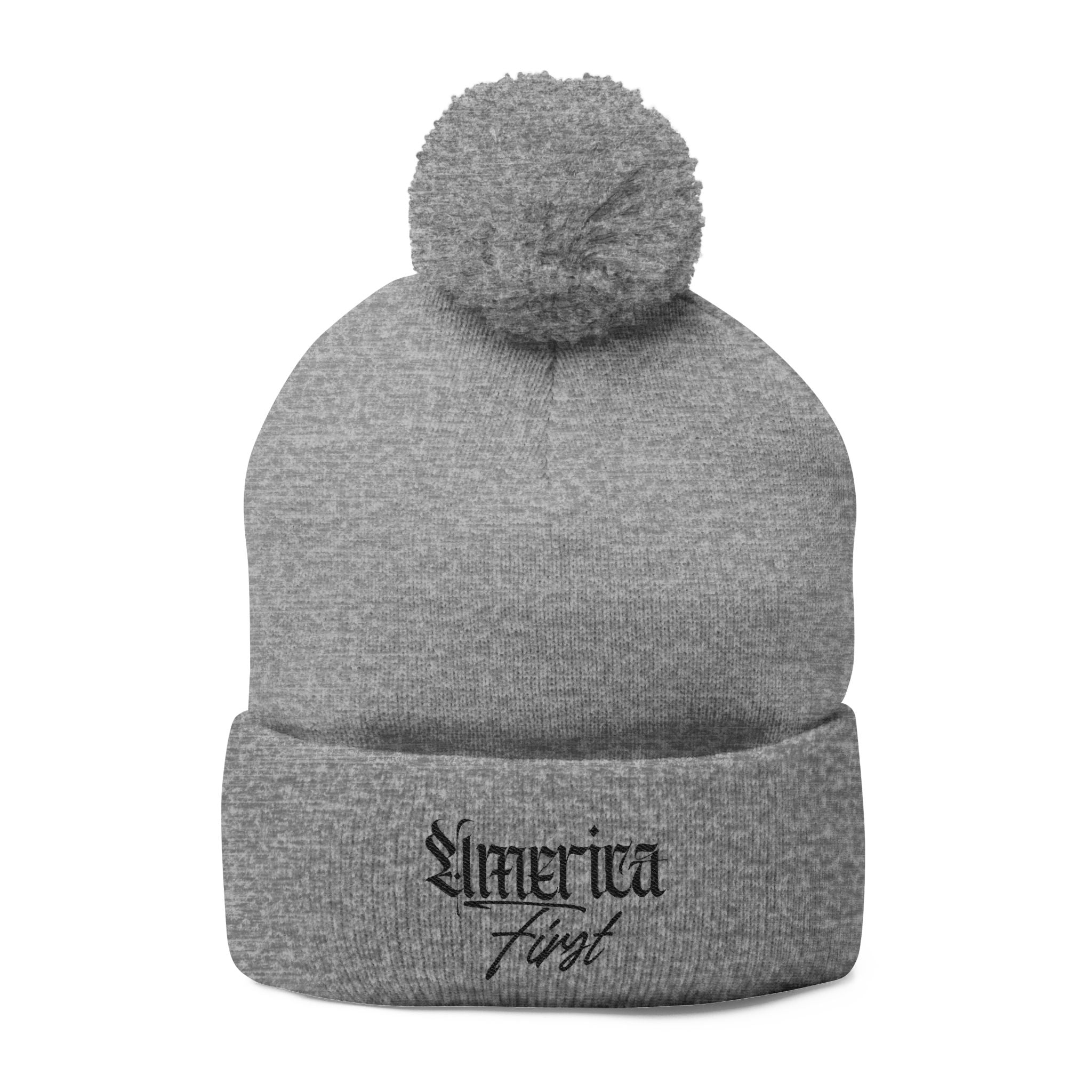 "America First" Cuffed Beanie— Embroidered Pom-Pom Knit Cap