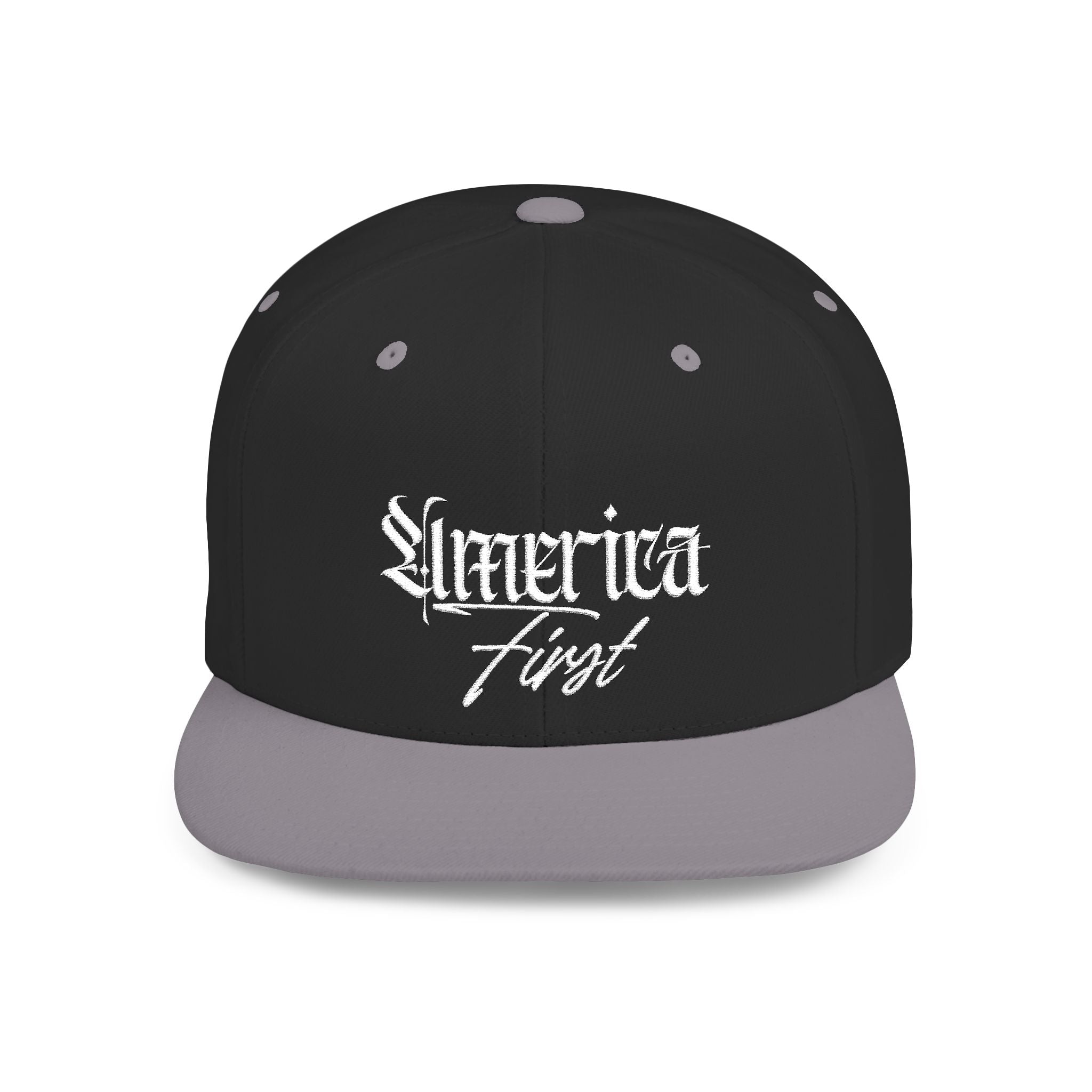 "America First" Gothic Script Flat Bill Cap White Lettering — Snapback Hat