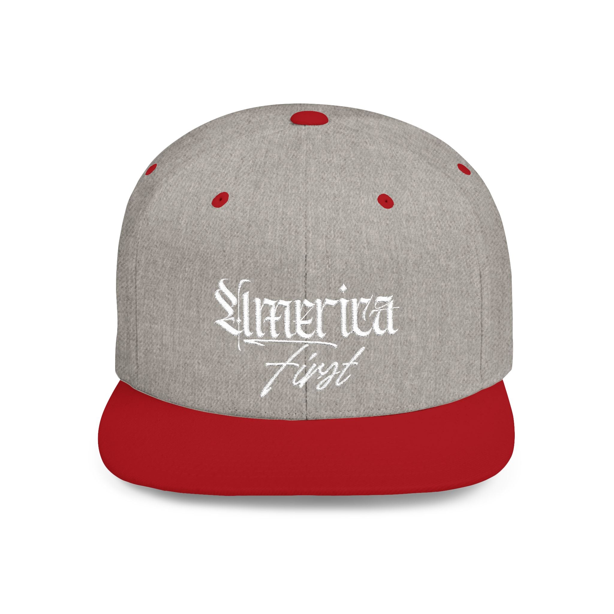 "America First" Gothic Script Flat Bill Cap White Lettering — Snapback Hat