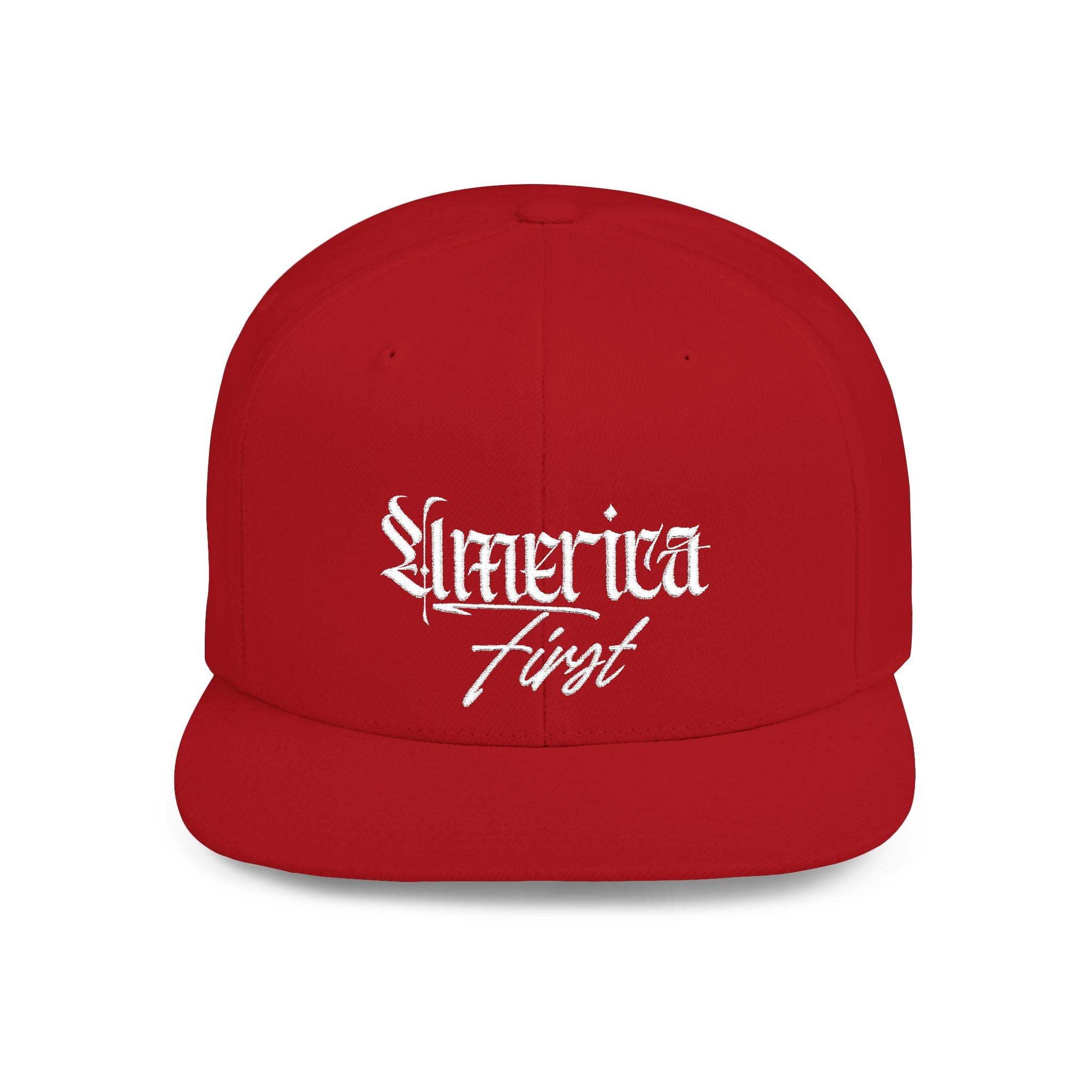 "America First" Gothic Script Flat Bill Cap White Lettering — Snapback Hat