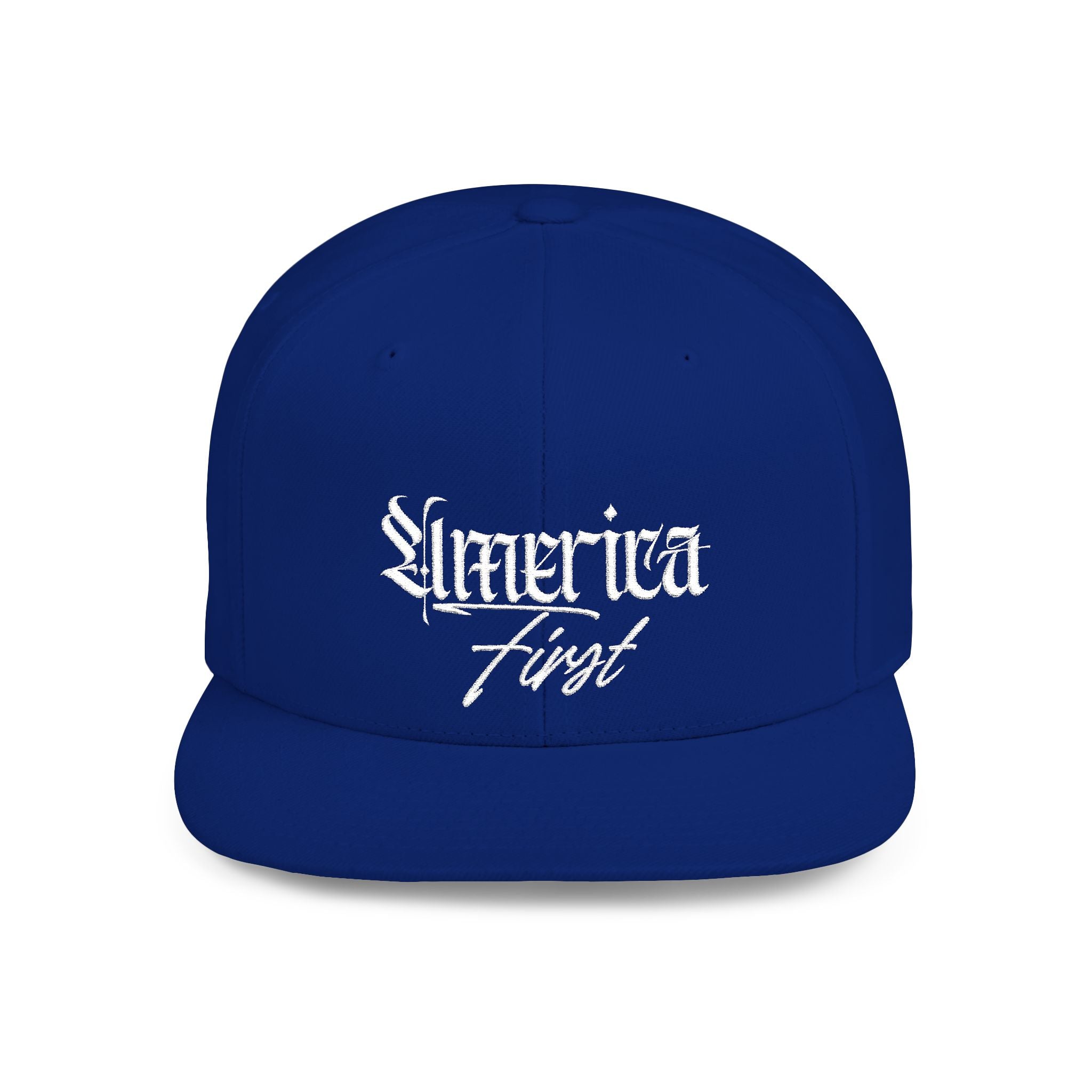 "America First" Gothic Script Flat Bill Cap White Lettering — Snapback Hat