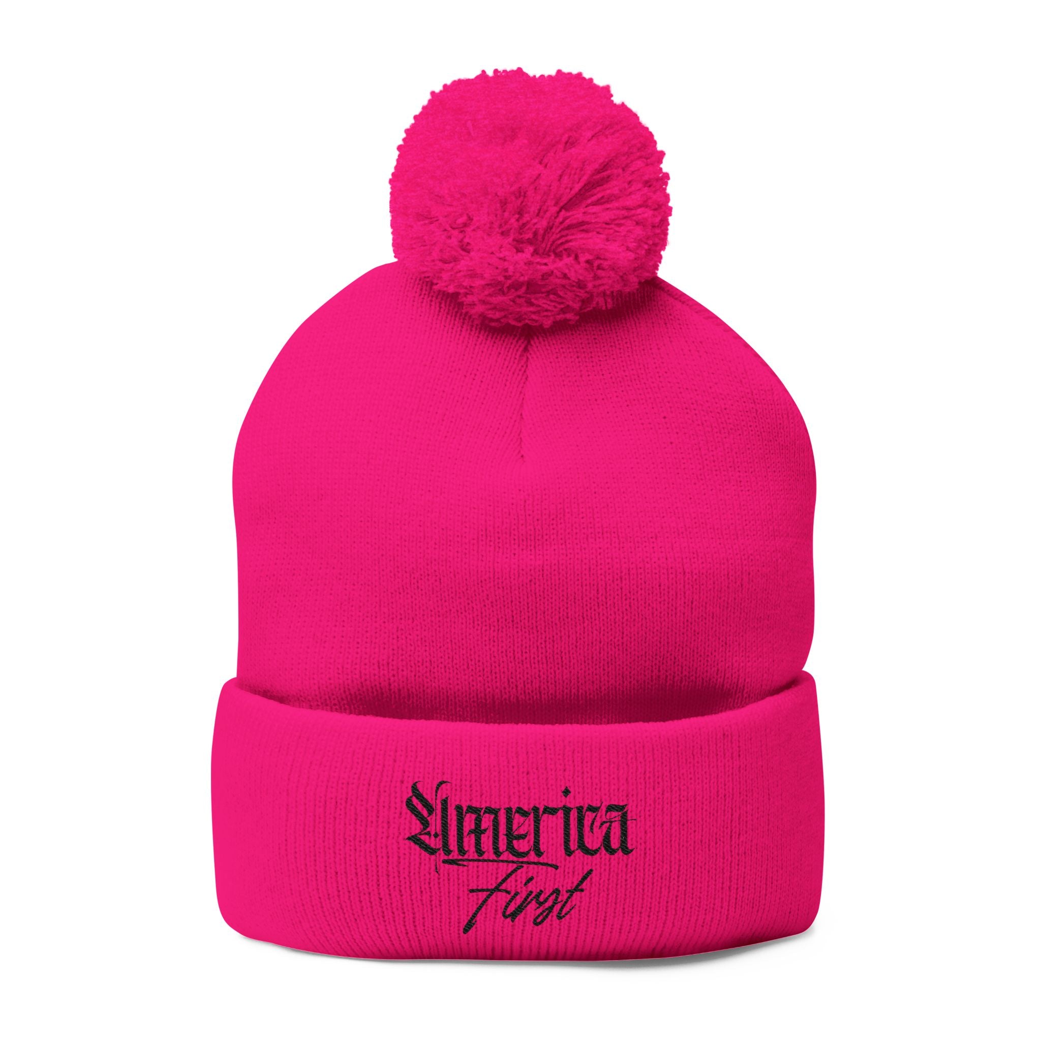"America First" Cuffed Beanie— Embroidered Pom-Pom Knit Cap