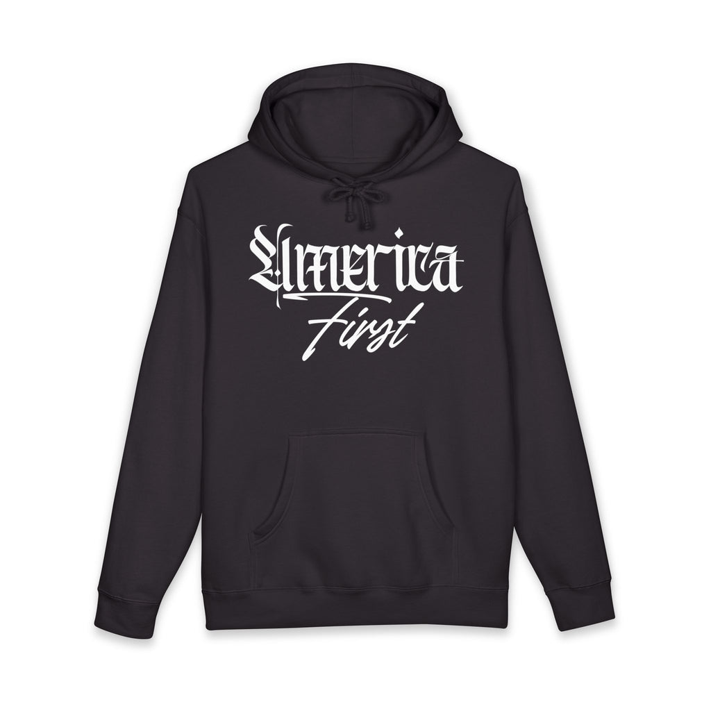 "America First" Heavyweight Hoodie — Patriotic Script Pullover