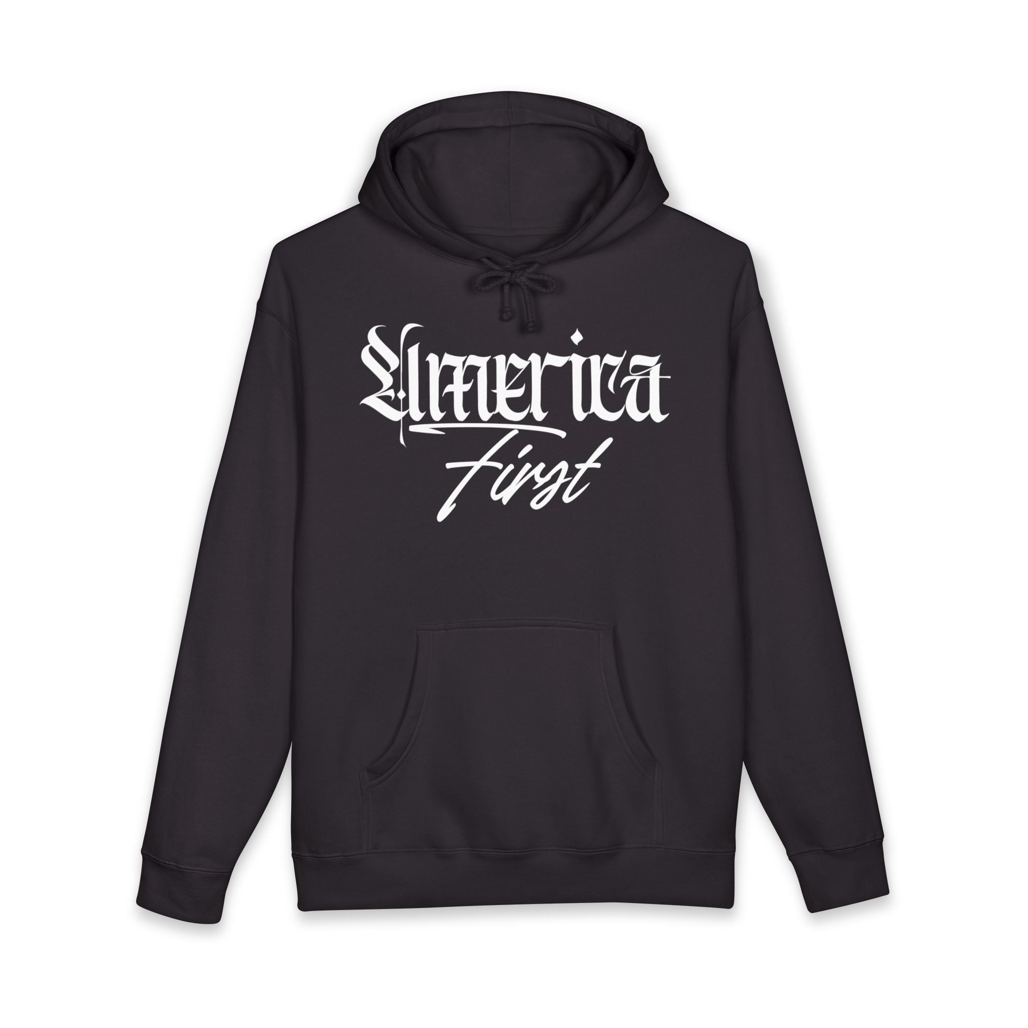 "America First" Heavyweight Hoodie — Patriotic Script Pullover