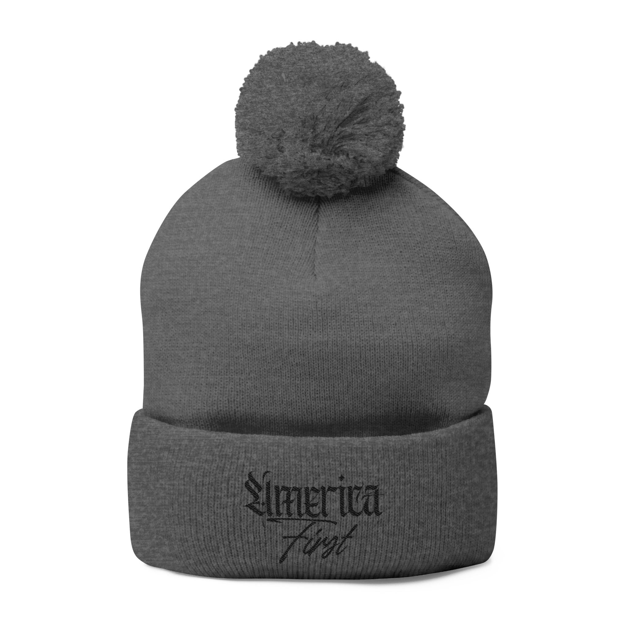 "America First" Cuffed Beanie— Embroidered Pom-Pom Knit Cap