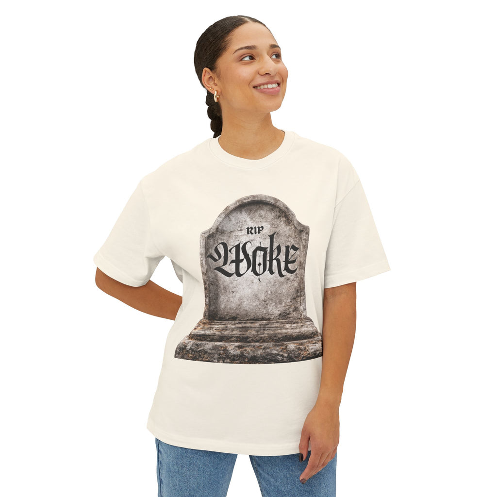 "RIP Woke" Tombstone Tee — Unisex Oversized Boxy Fit