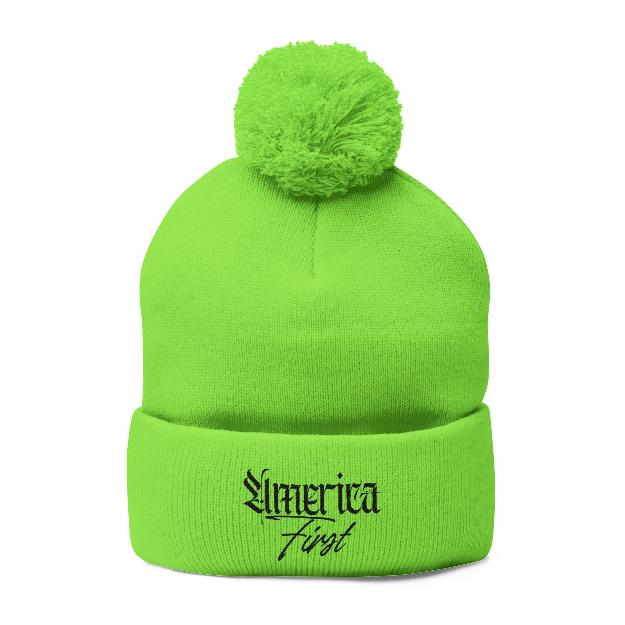"America First" Cuffed Beanie— Embroidered Pom-Pom Knit Cap