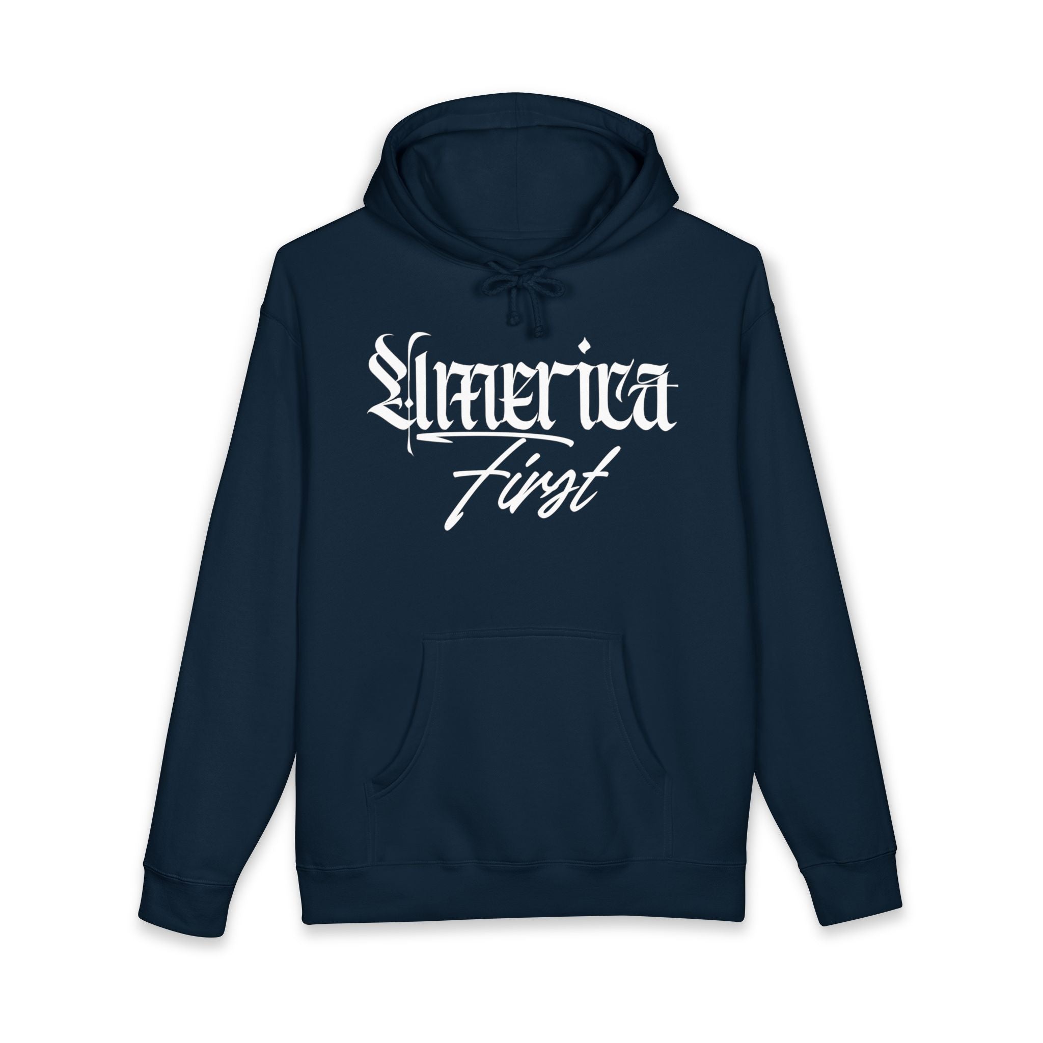 "America First" Heavyweight Hoodie — Patriotic Script Pullover