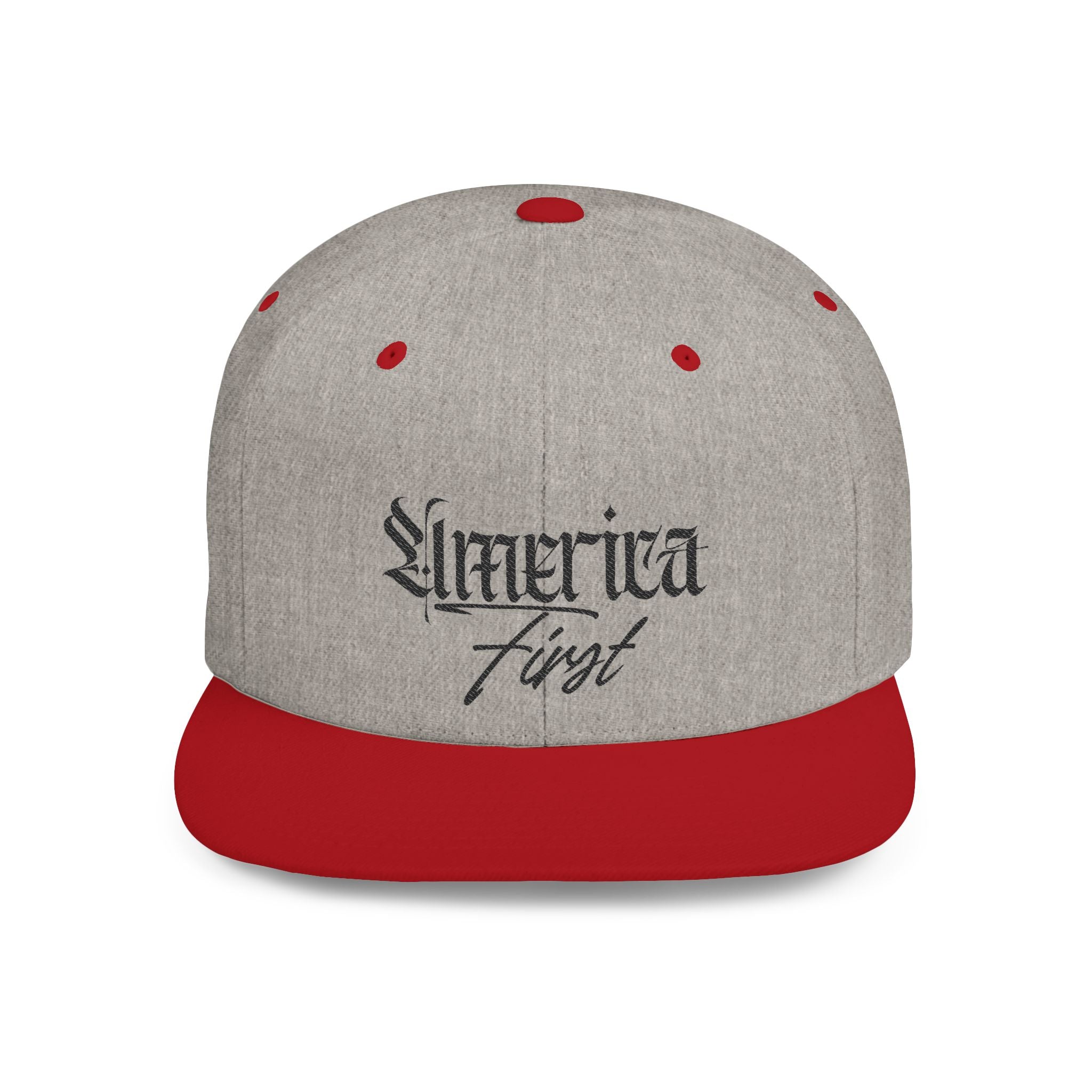 "America First" Gothic Script Flat Bill Cap Black Lettering — Snapback Hat