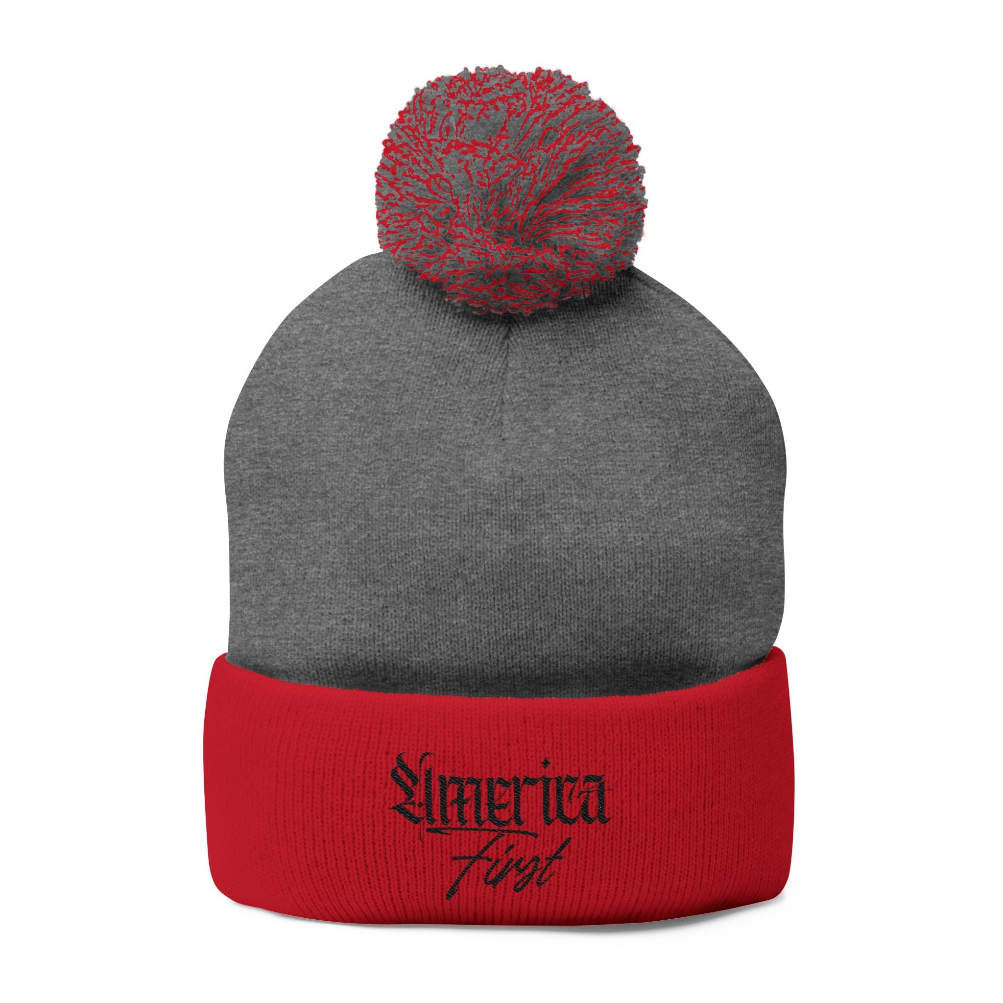 "America First" Cuffed Beanie— Embroidered Pom-Pom Knit Cap