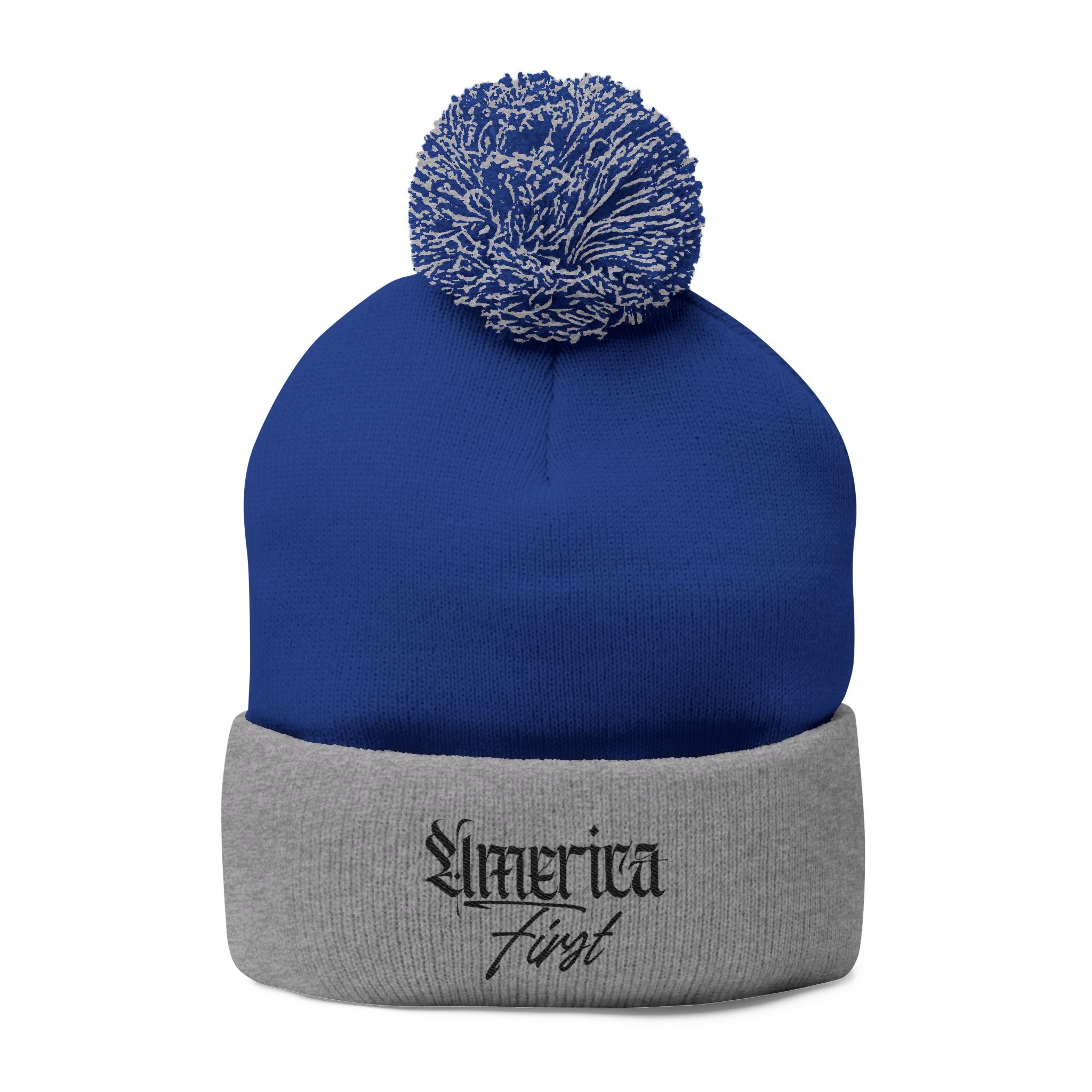 "America First" Cuffed Beanie— Embroidered Pom-Pom Knit Cap