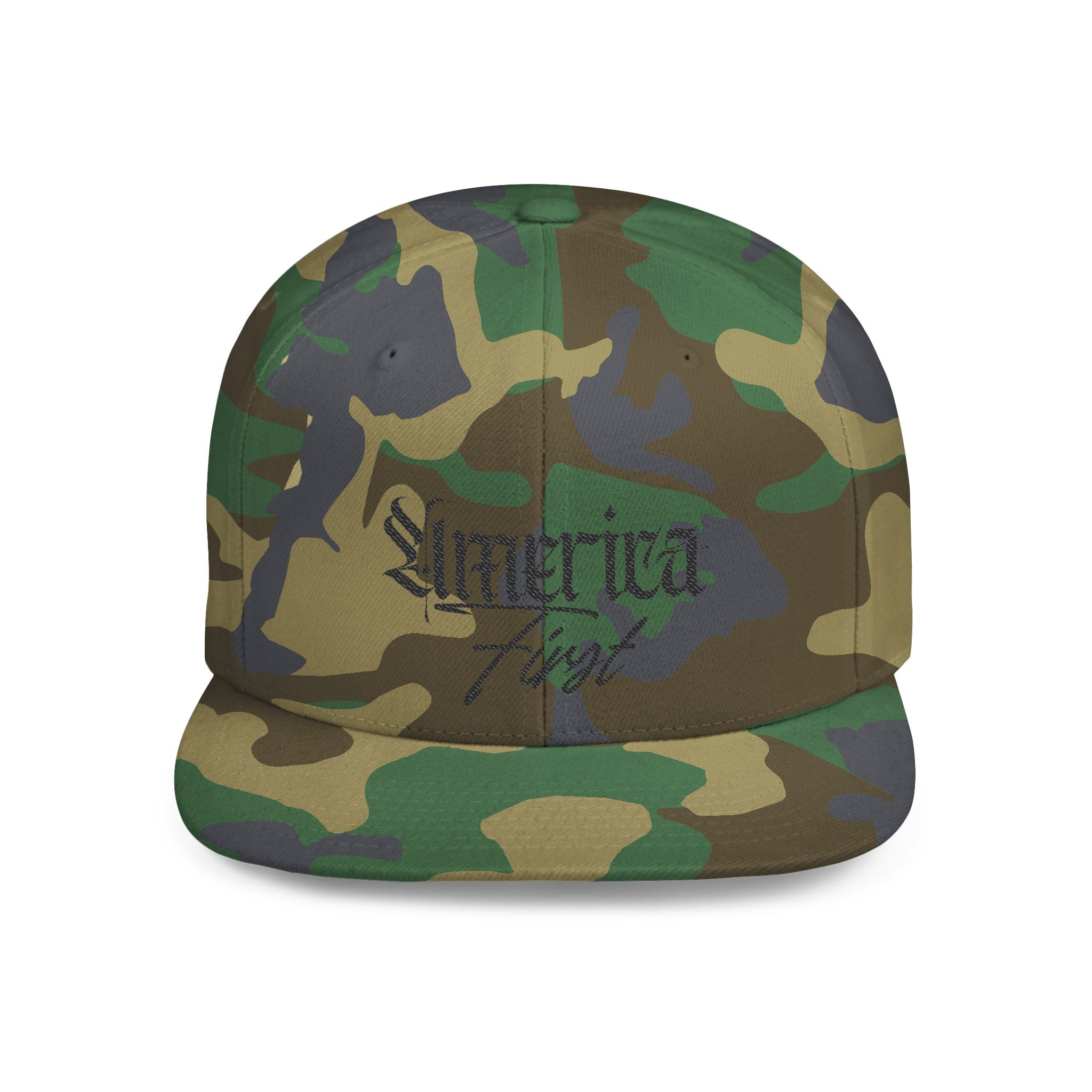 "America First" Gothic Script Flat Bill Cap Black Lettering — Snapback Hat