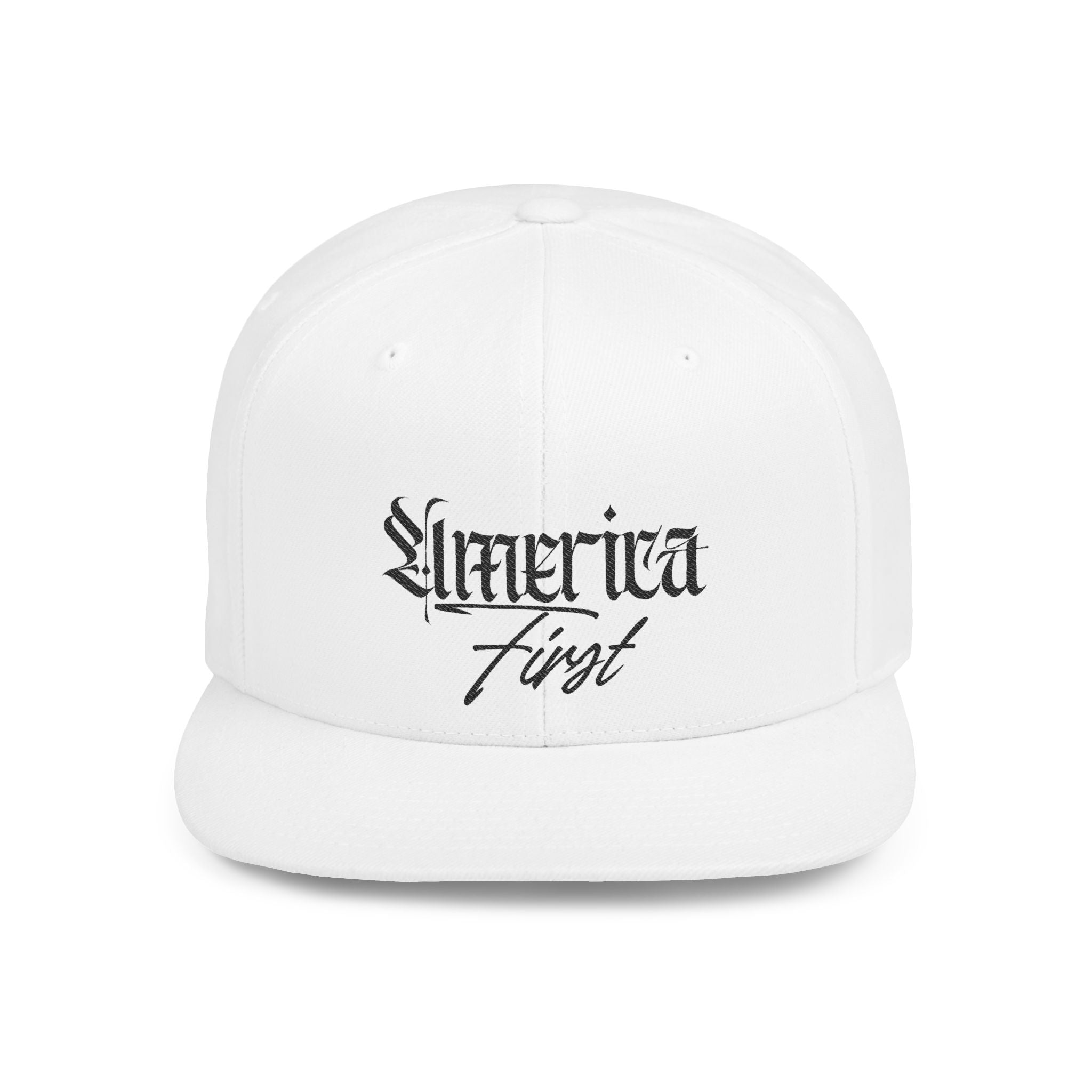 "America First" Gothic Script Flat Bill Cap Black Lettering — Snapback Hat