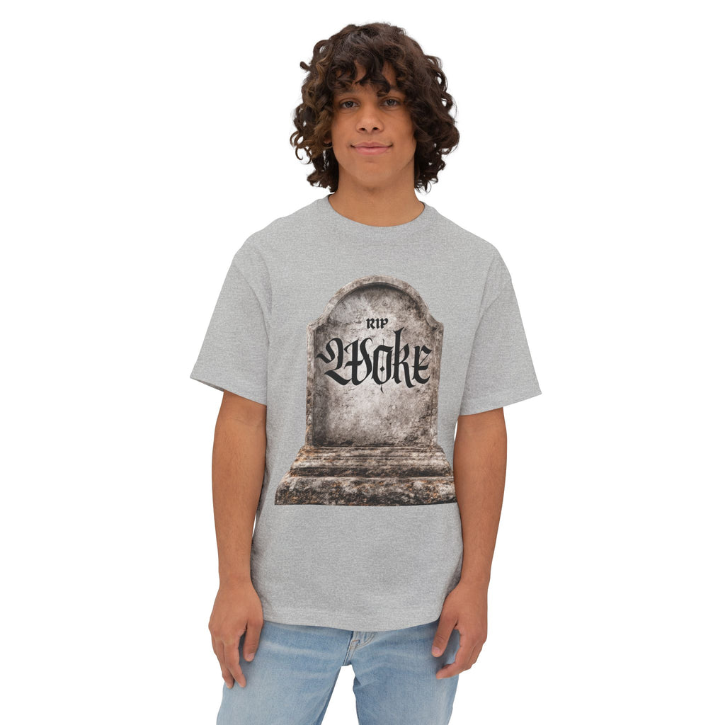 "RIP Woke" Tombstone Tee — Unisex Oversized Boxy Fit
