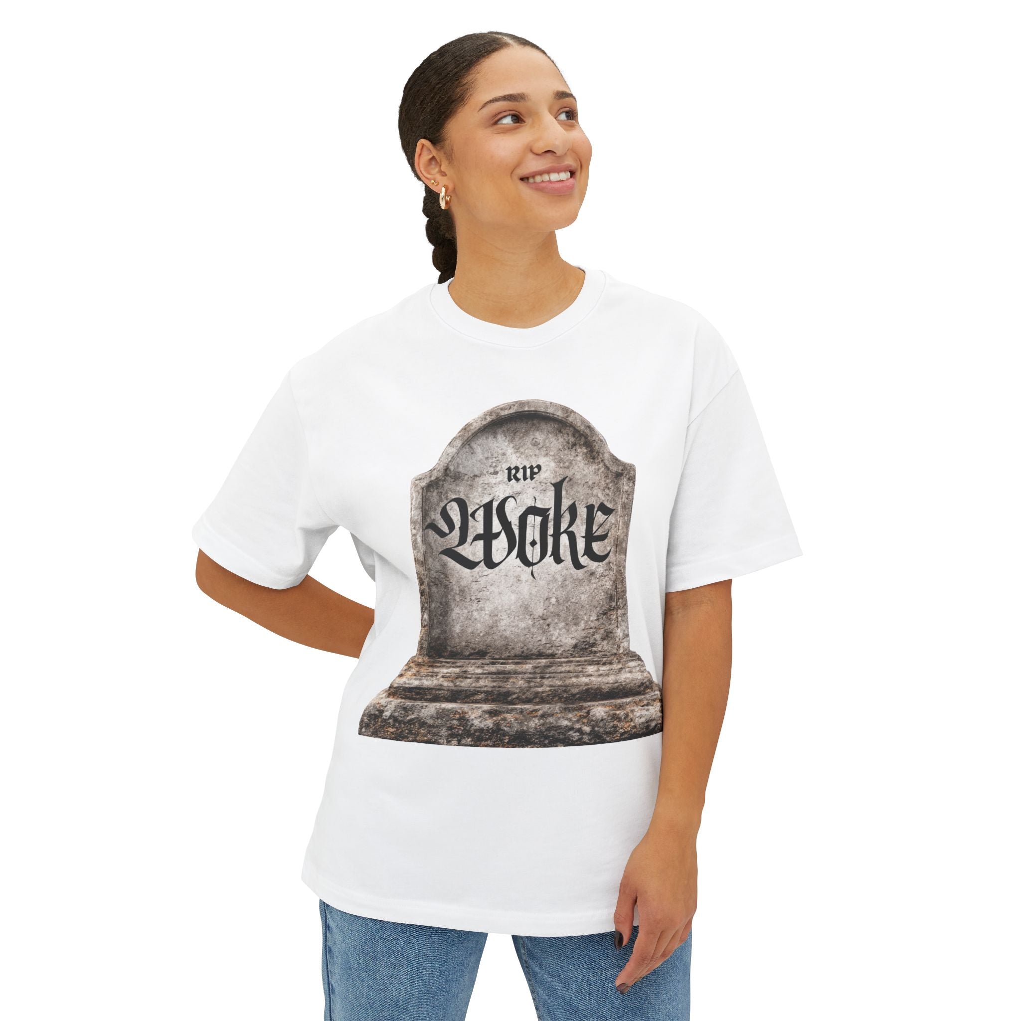 "RIP Woke" Tombstone Tee — Unisex Oversized Boxy Fit
