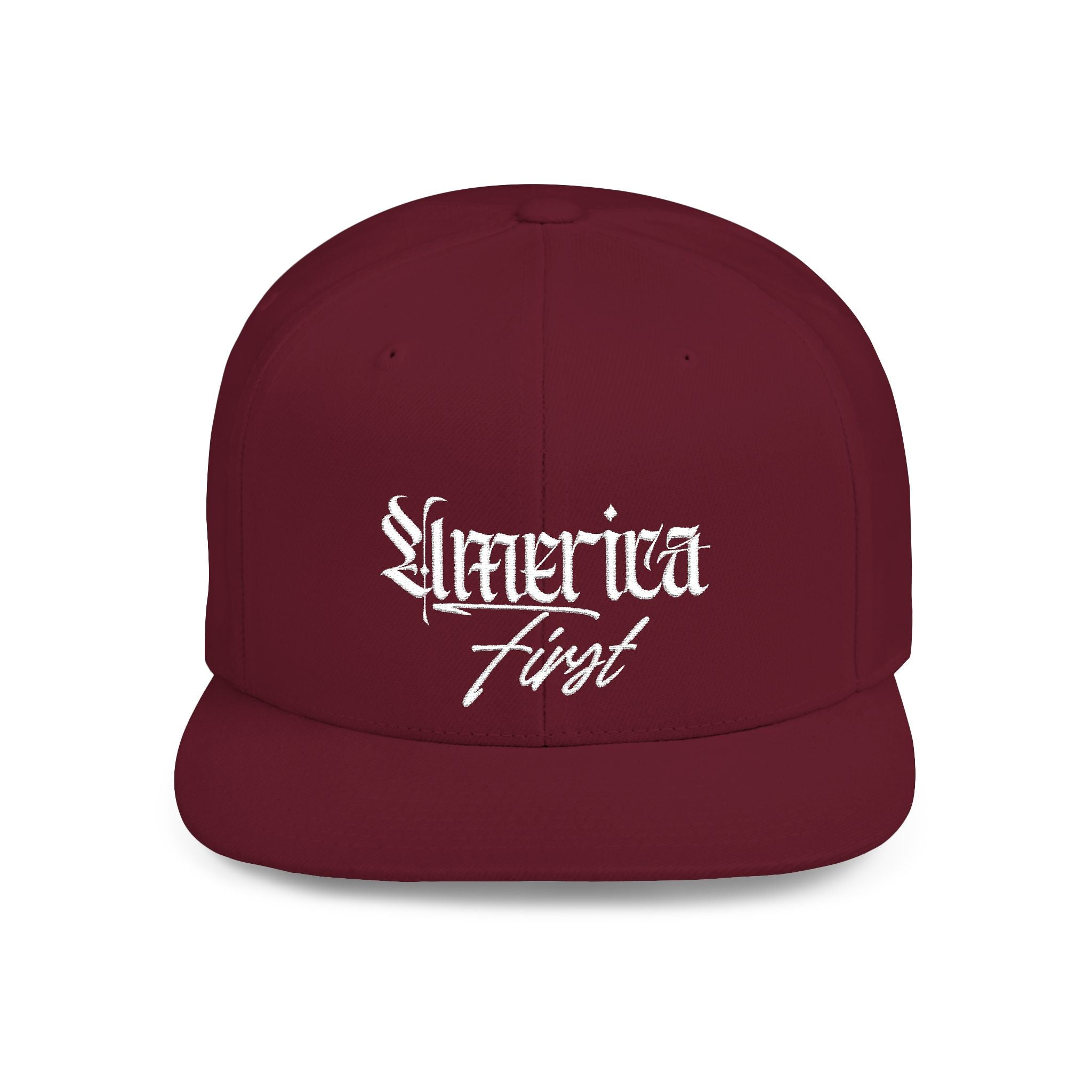 "America First" Gothic Script Flat Bill Cap White Lettering — Snapback Hat