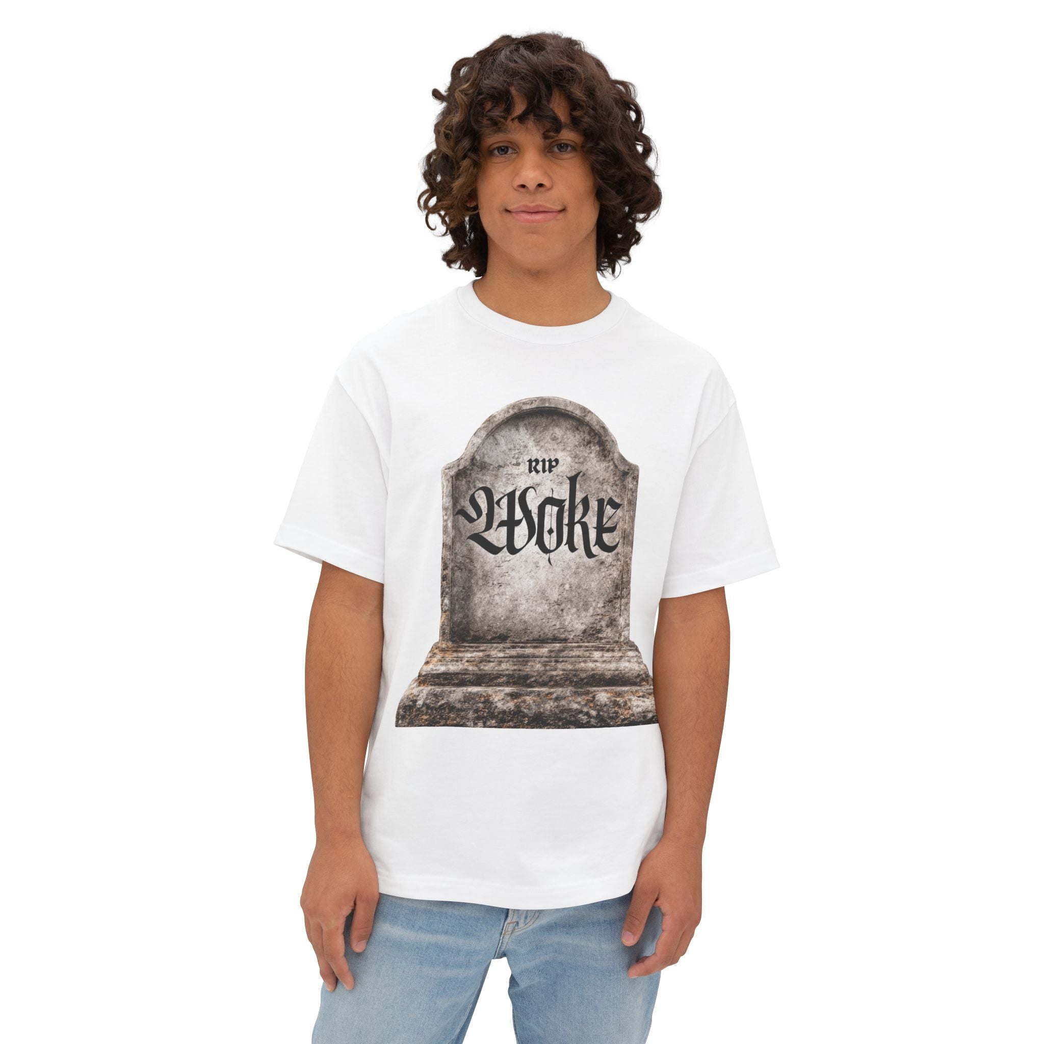 "RIP Woke" Tombstone Tee — Unisex Oversized Boxy Fit